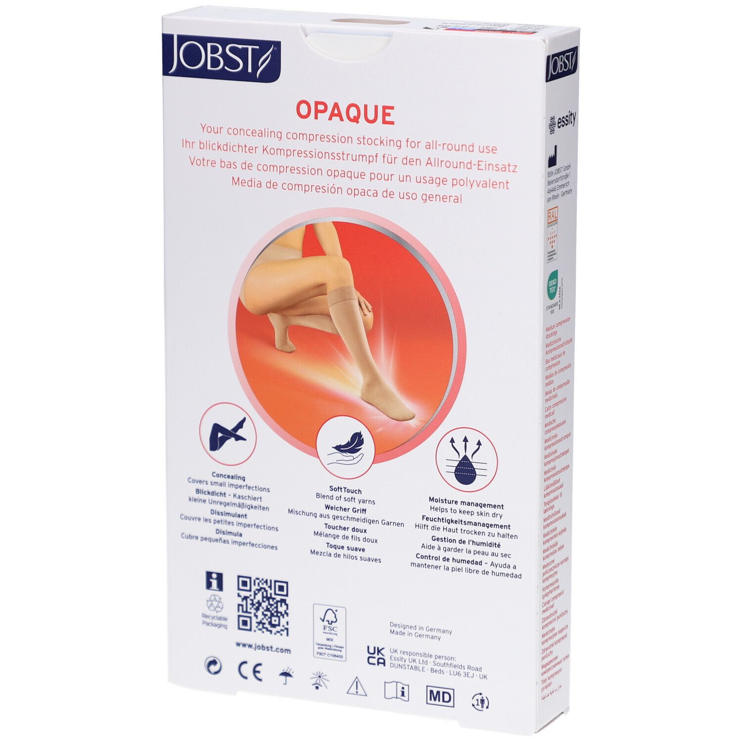 Rückseite der Verpackung JOBST Opaque Kompressions-Kniestrümpfe. Text: Your concealing compression stocking... sowie Piktogramme.