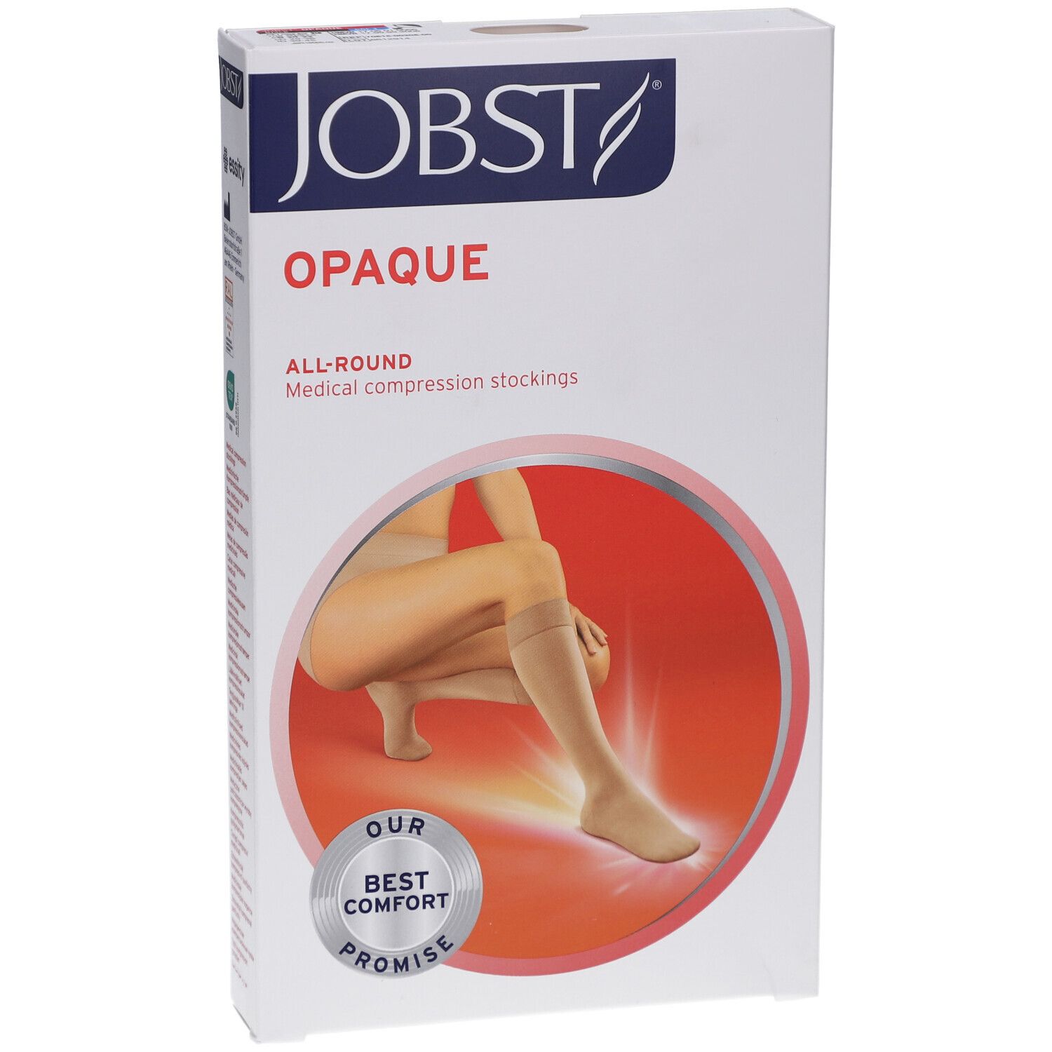 Verpackung JOBST Opaque Kompressions-Kniestrümpfe. Frau mit Strümpfen in rotem Kreis. Text: Opaque, All-Round, Medical compression stockings.