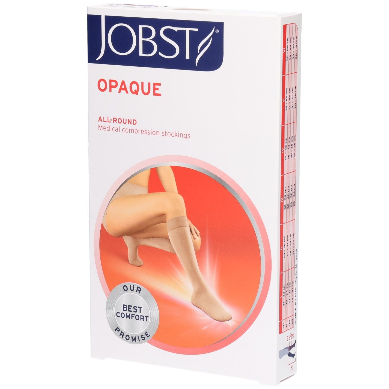 Verpackung für medizinische Kompressionsstrümpfe von Jobst Opaque. Zeigt eine Frau mit Strümpfen.