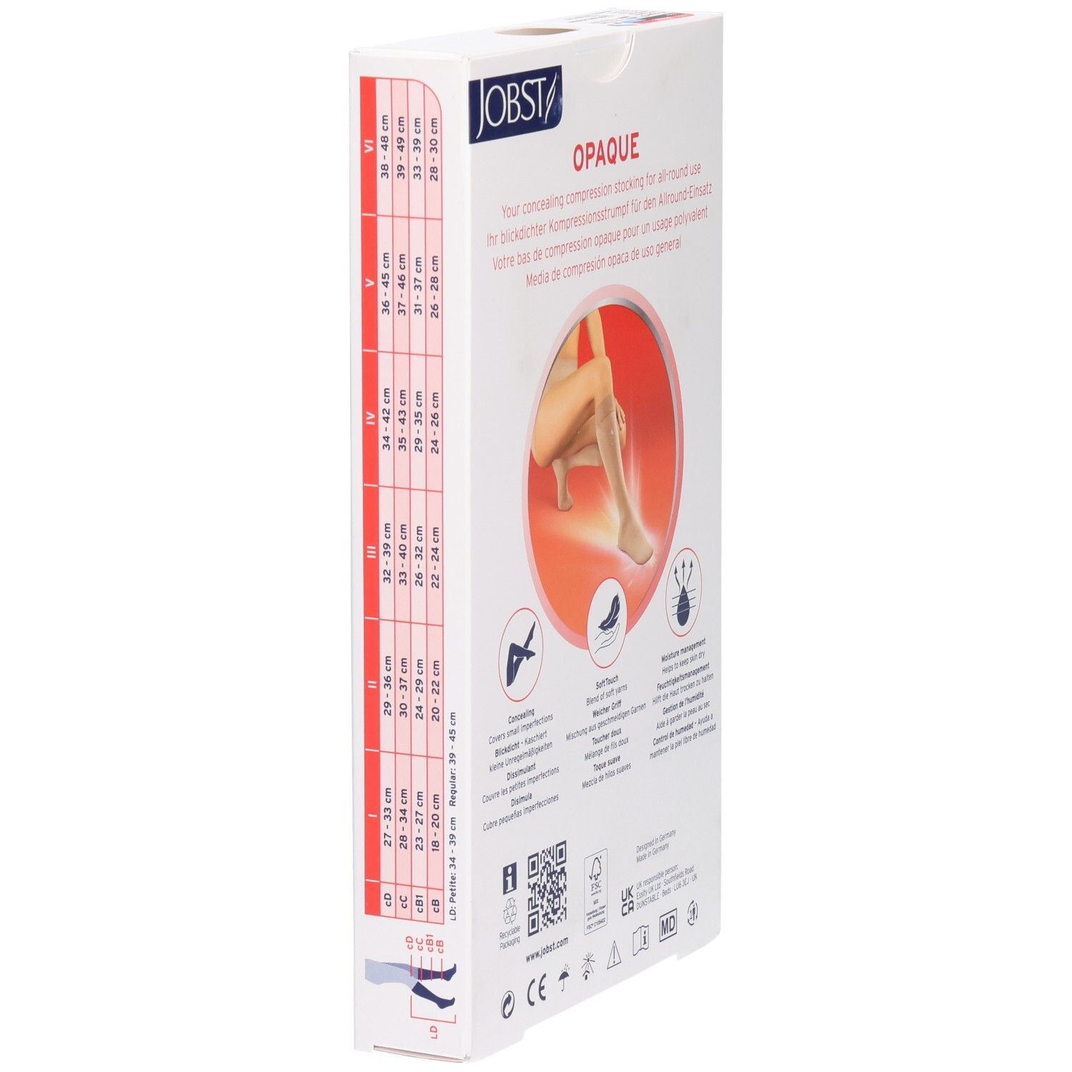Jobst Opaque Kompressionsstrumpf-Verpackung mit Größentabelle und Produktabbildung eines Beins.