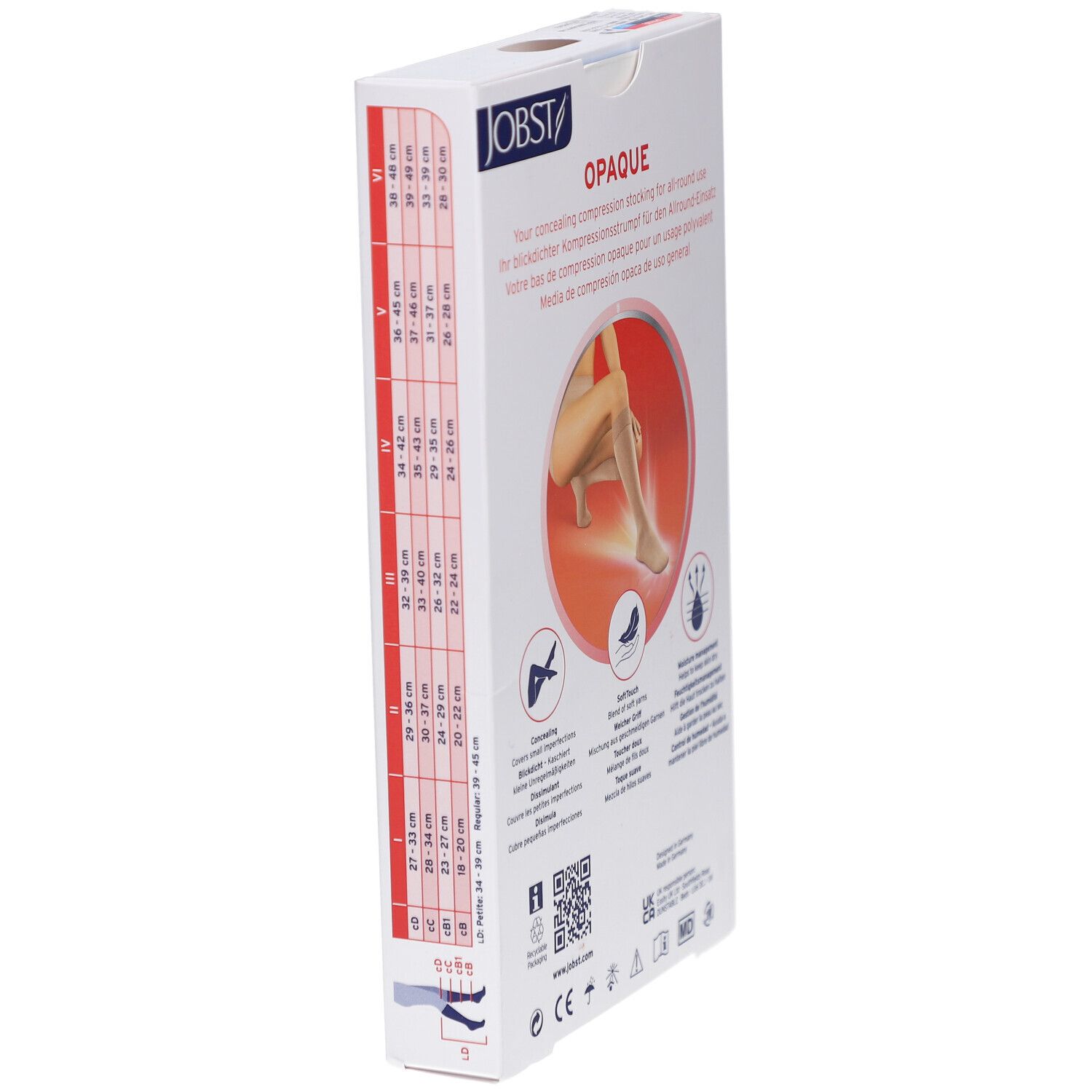 JOBST Opaque Kompressions-Kniestrümpfe. Verpackung, seitliche Ansicht. Größentabelle, Piktogramme. Beige Strümpfe, Frau mit Strumpf am Bein. Aufdruck: Opaque.