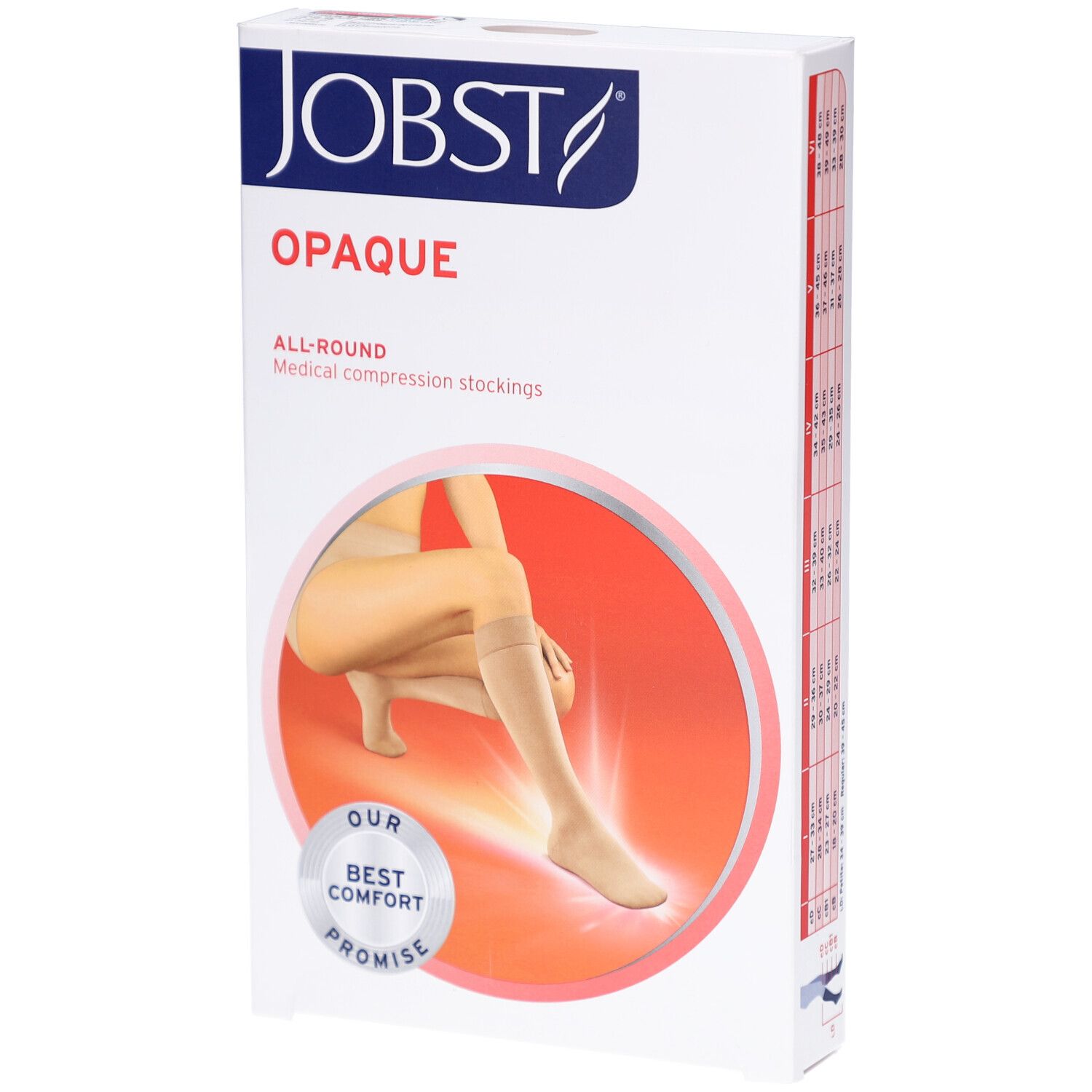 Verpackung von JOBST Opaque Kompressions-Kniestrümpfen. Weißer Karton mit Produktbild und Logo. Opaque und All-Round sind sichtbar.