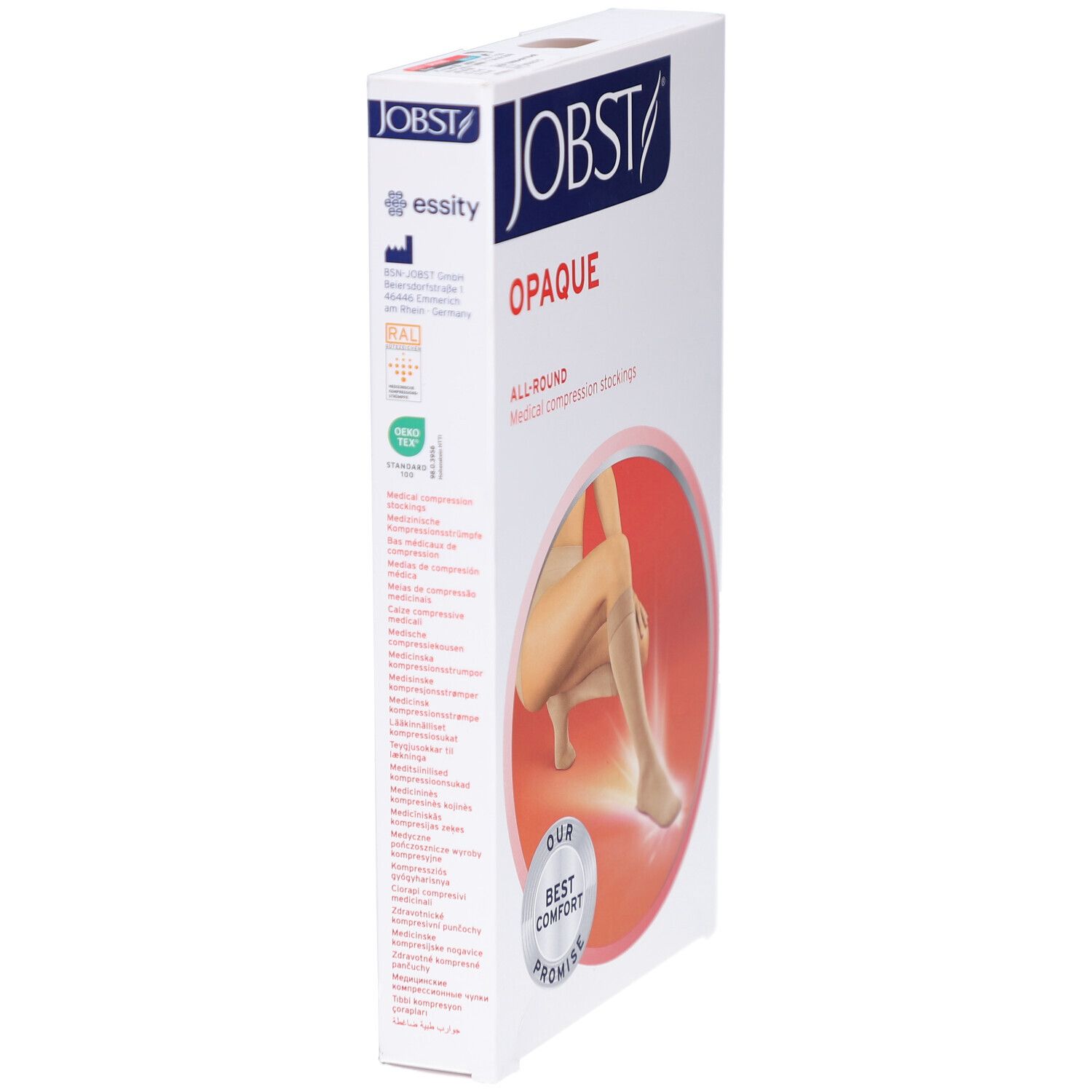 JOBST Opaque Verpackung. Weißer Karton mit Logo und Produktbild. Opaque und All-Round sind sichtbar. Essity-Logo.