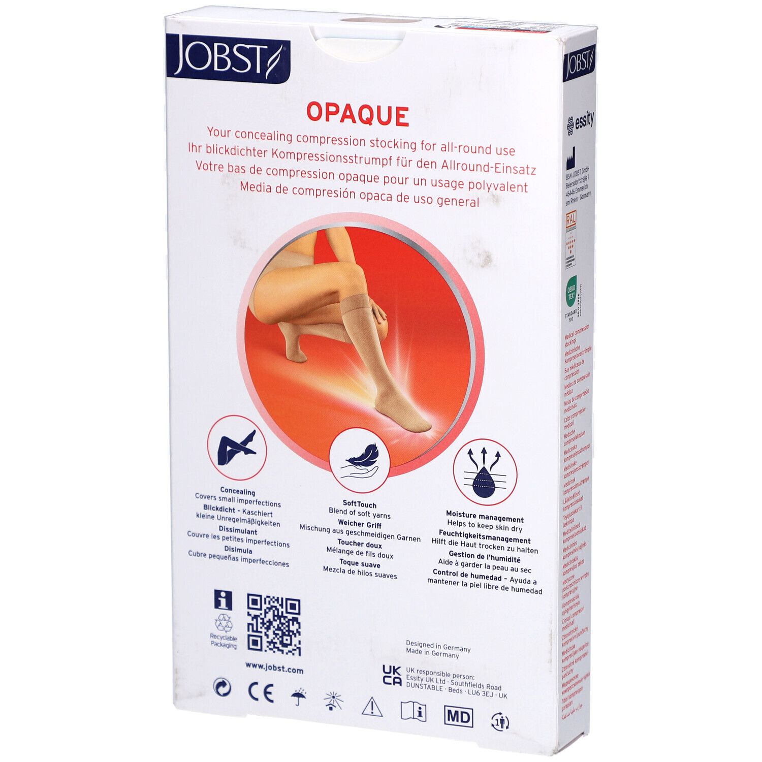 Rückseite der JOBST Opaque Verpackung. Text und Illustrationen. Produktname und Logos sind sichtbar. Informationen zur Kompression.