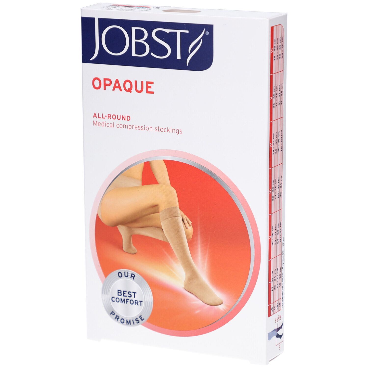 JOBST Opaque Kompressions-Kniestrümpfe. Weiße Verpackung mit Produktabbildung. Marke und Produktbezeichnung deutlich sichtbar.