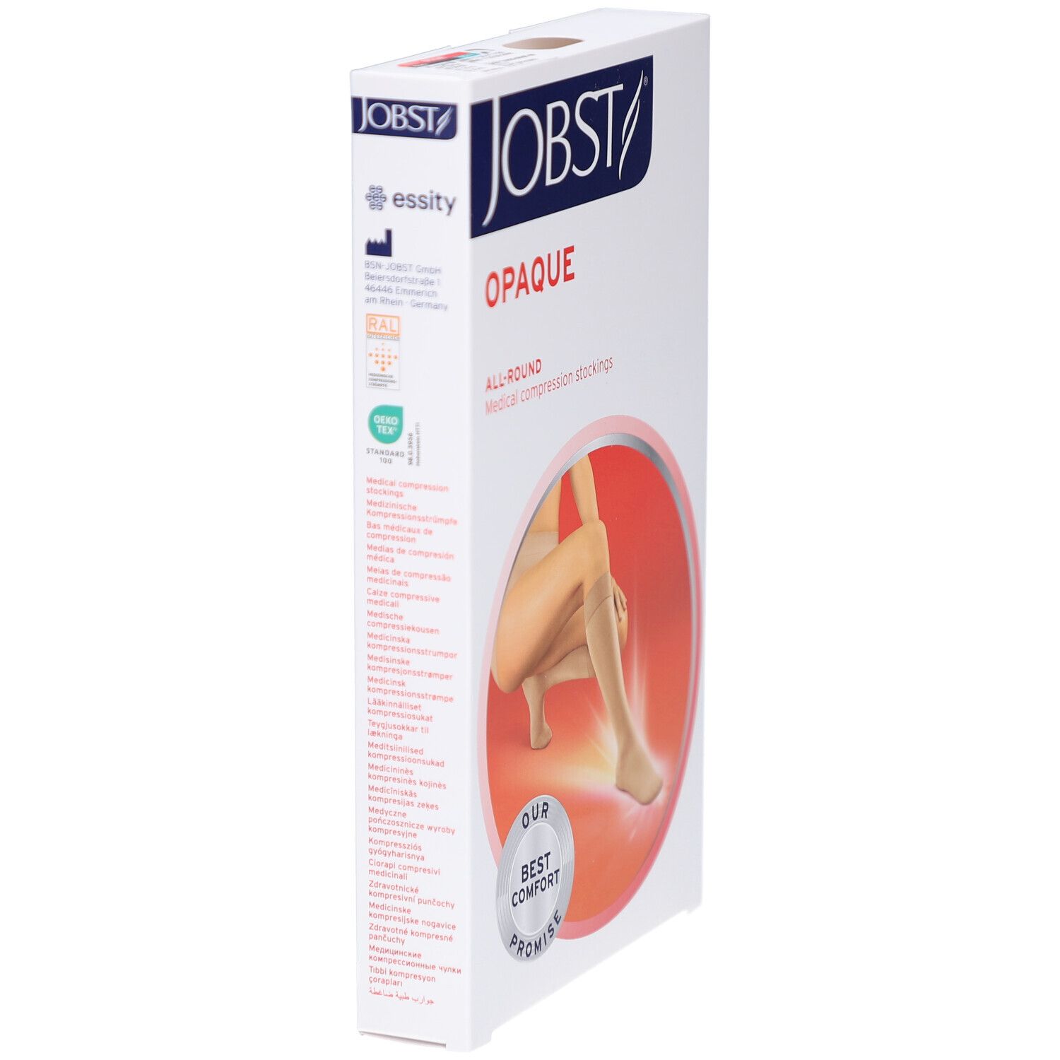 JOBST Opaque Kompressions-Kniestrümpfe. Weiße Verpackung, seitliche Ansicht. Marke, Produktname und Zertifizierungen sichtbar.