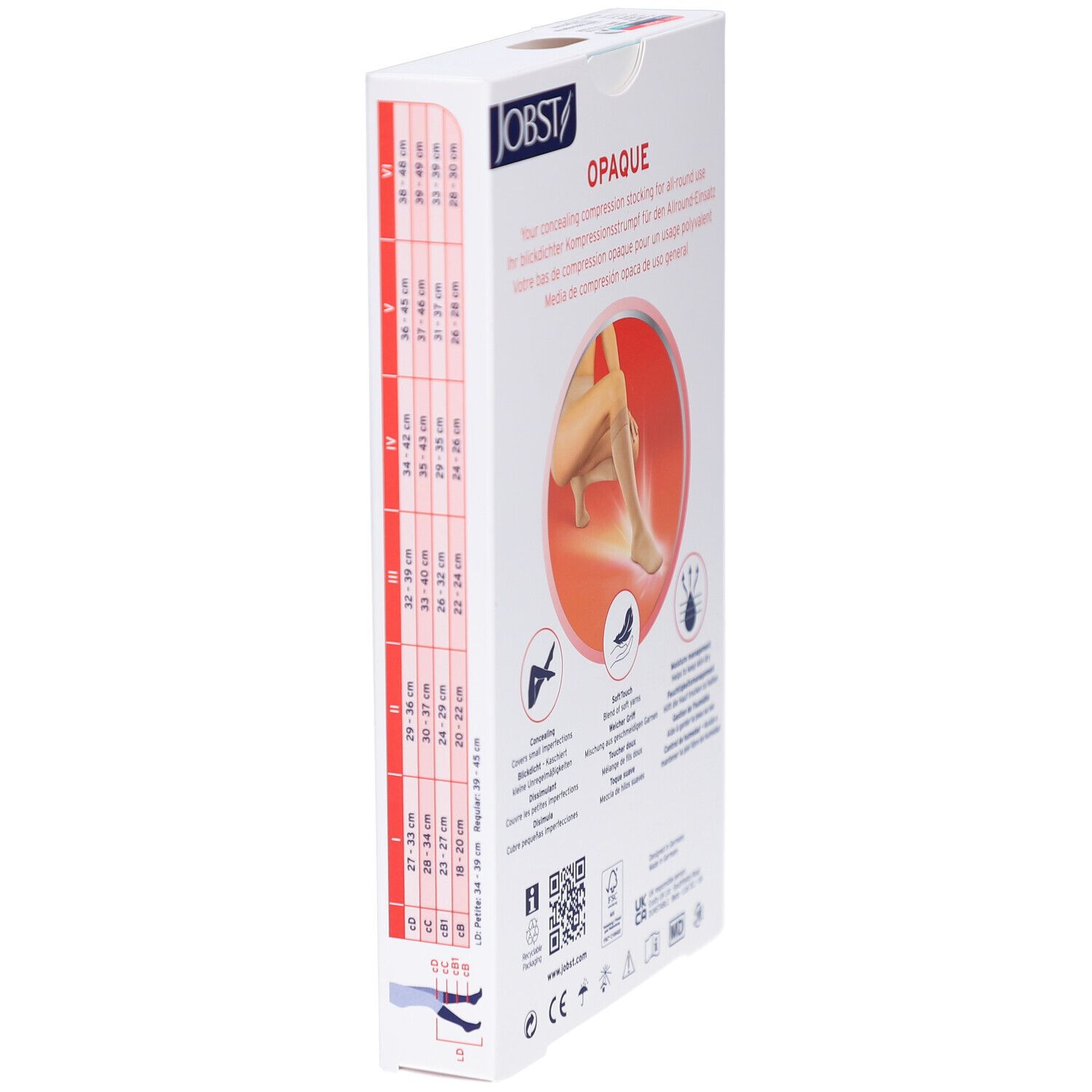 Seite der JOBST Opaque Verpackung mit Größenangaben. Produktabbildung und weitere Informationen. Mehrere Sprachen.