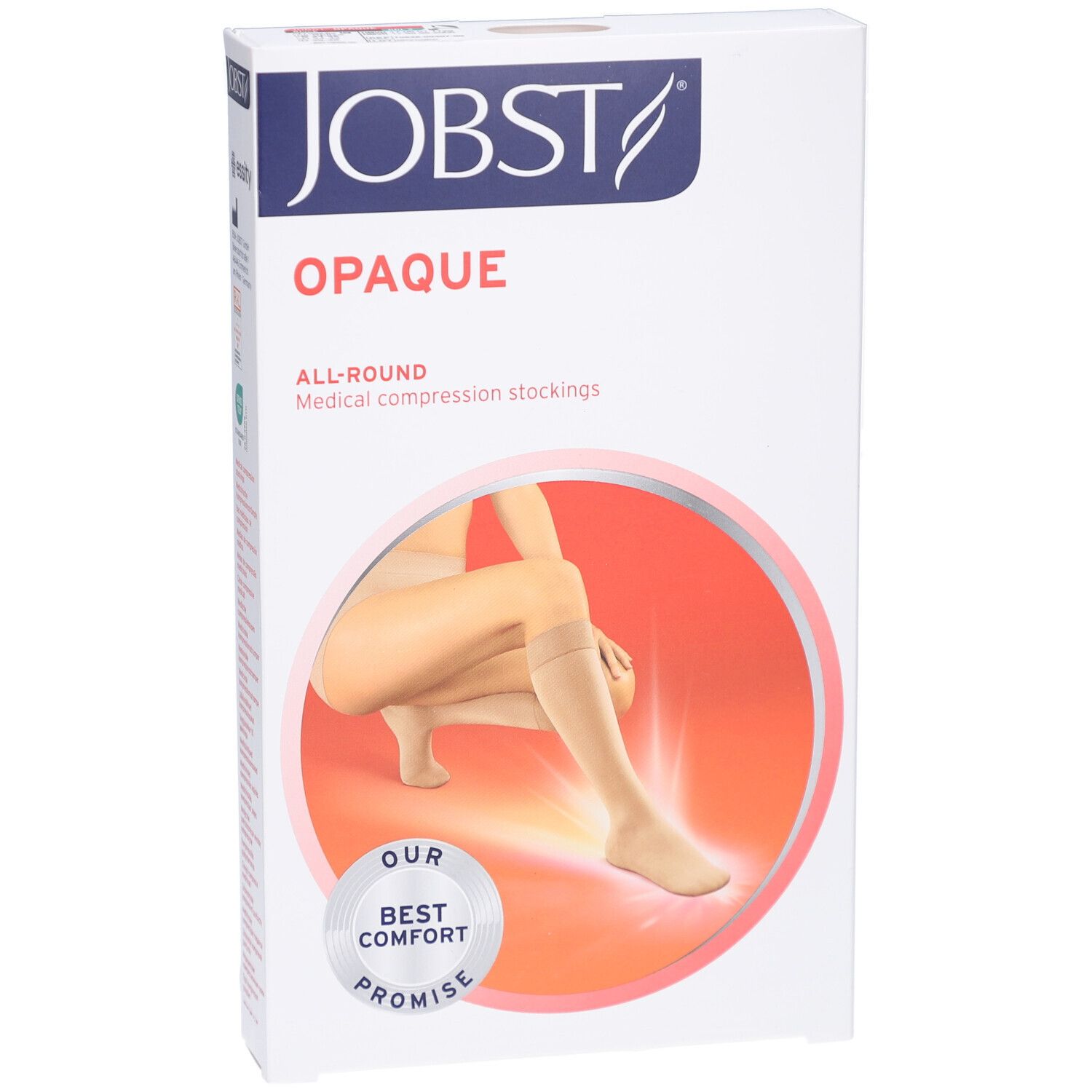 JOBST Opaque Kompressions-Kniestrümpfe. Weiße Verpackung mit Produktabbildung. Marke und Produktbezeichnung deutlich sichtbar.