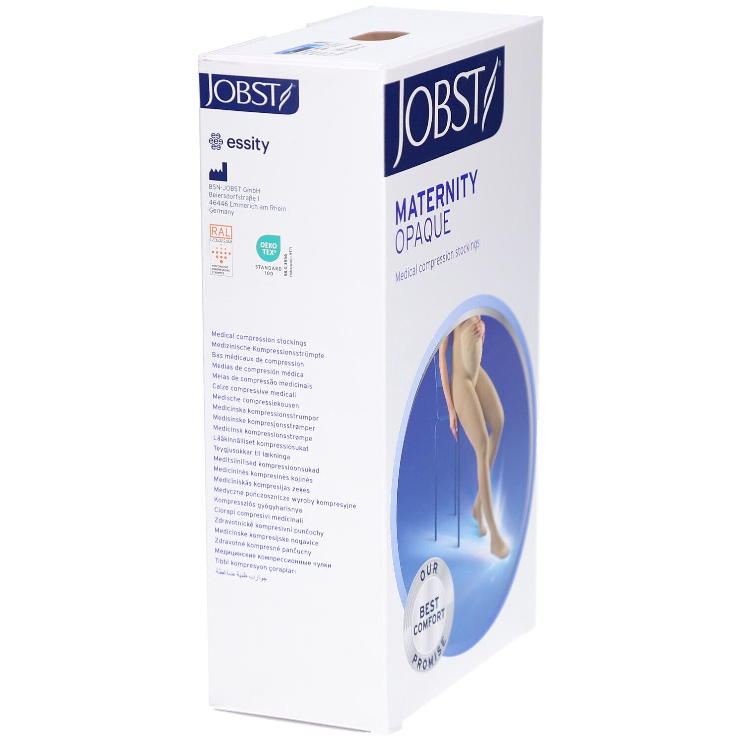 JOBST Maternity Opaque Kompressions-Strumpfhose. Verpackung, Seitenansicht. Aufschrift: MATERNITY OPAQUE. Logos und Text.