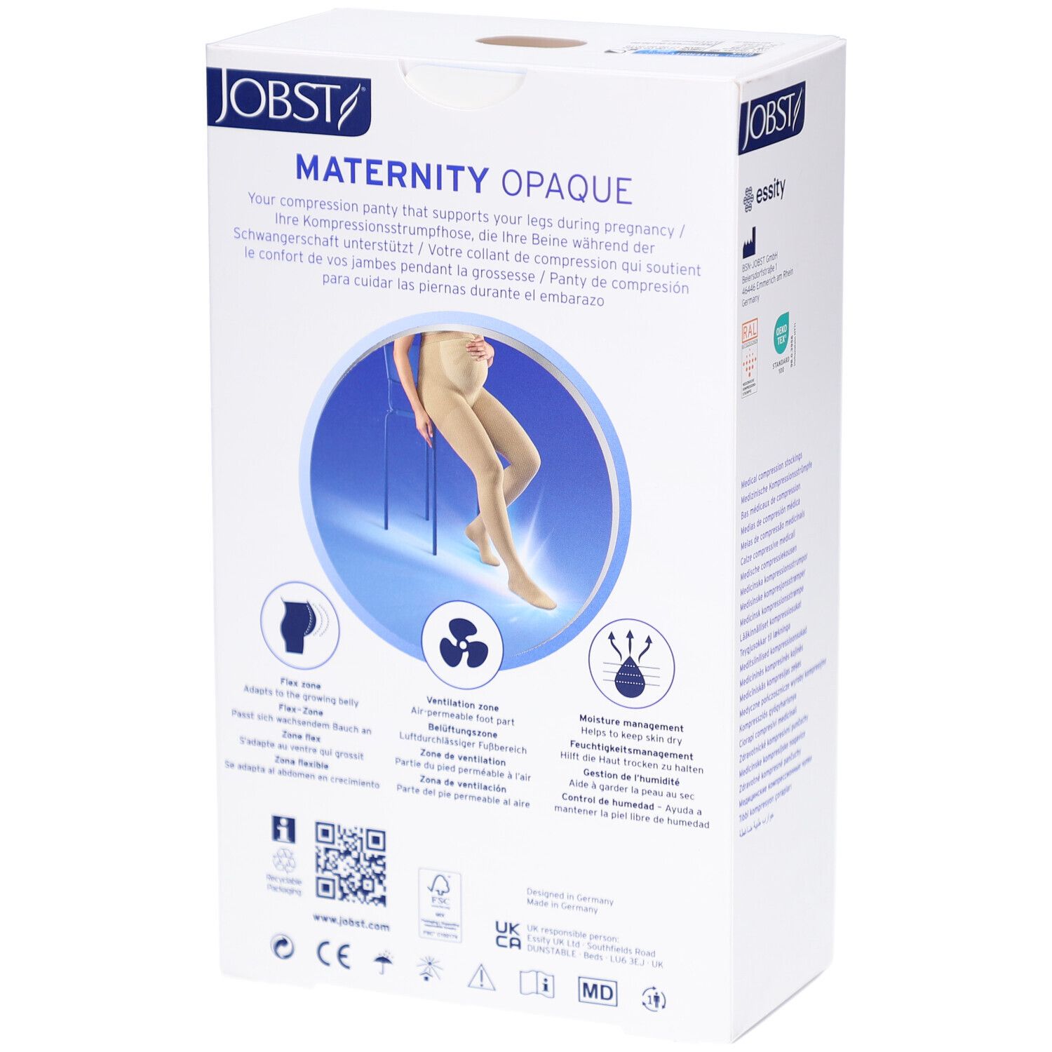 JOBST Maternity Opaque Kompressions-Strumpfhose. Verpackung, Rückseite. Produktabbildung, Text, Logos.