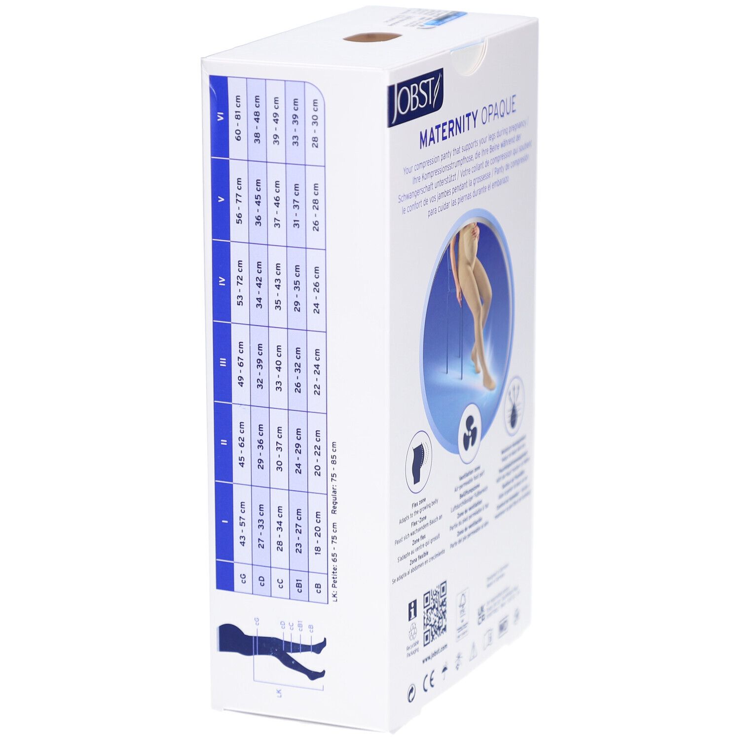 JOBST Maternity Opaque Kompressions-Strumpfhose. Verpackung, Seitenansicht mit Größentabelle und Produktabbildung.