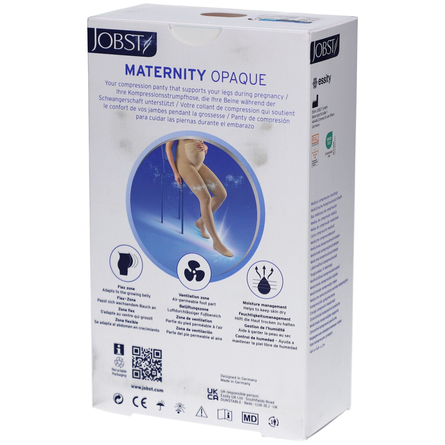 Rückseite der Verpackung der JOBST Maternity Opaque Kompressions-Strumpfhose. Produktinformationen, Illustrationen, Logos.