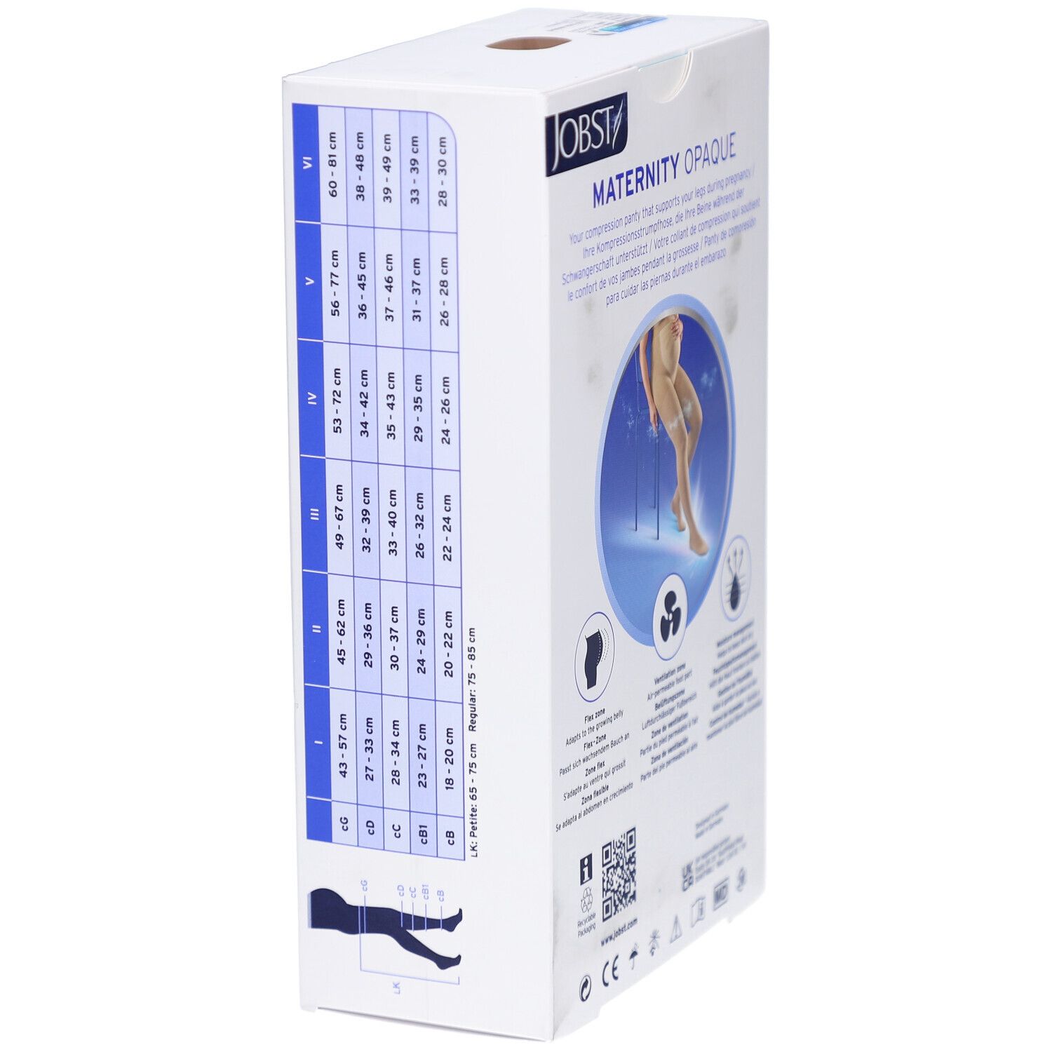 Seite der Verpackung der JOBST Maternity Opaque Kompressions-Strumpfhose. Größentabelle, Illustrationen, Logos.
