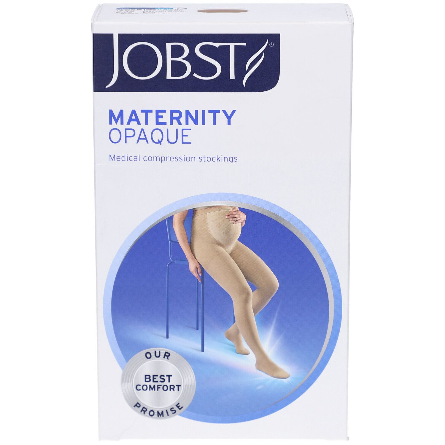 Verpackung der JOBST Maternity Opaque Kompressions-Strumpfhose. Produktname, Logo, Abbildung einer Frau mit Strumpfhose.