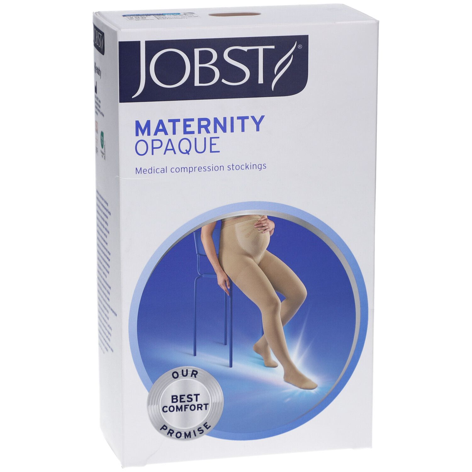 Verpackung der JOBST Maternity Opaque Kompressions-Strumpfhose. Produktname, Logo, Abbildung einer Frau mit Strumpfhose.
