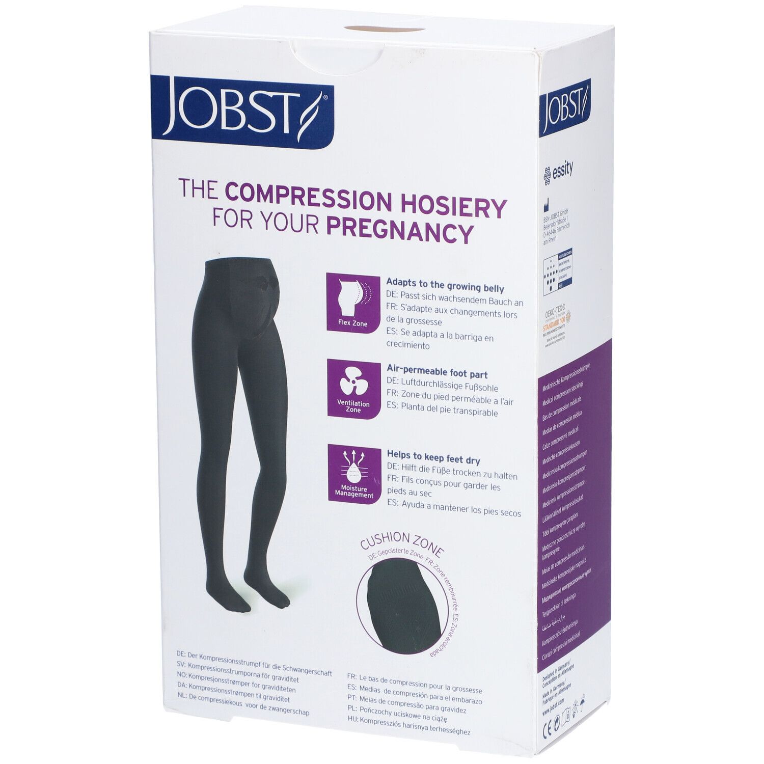 JOBST Maternity Opaque Strümpfe, schwarz. Verpackung zeigt Illustration der Strümpfe. Flex-Zone, Ventilation Zone, Moisture Management und Cushion Zone.