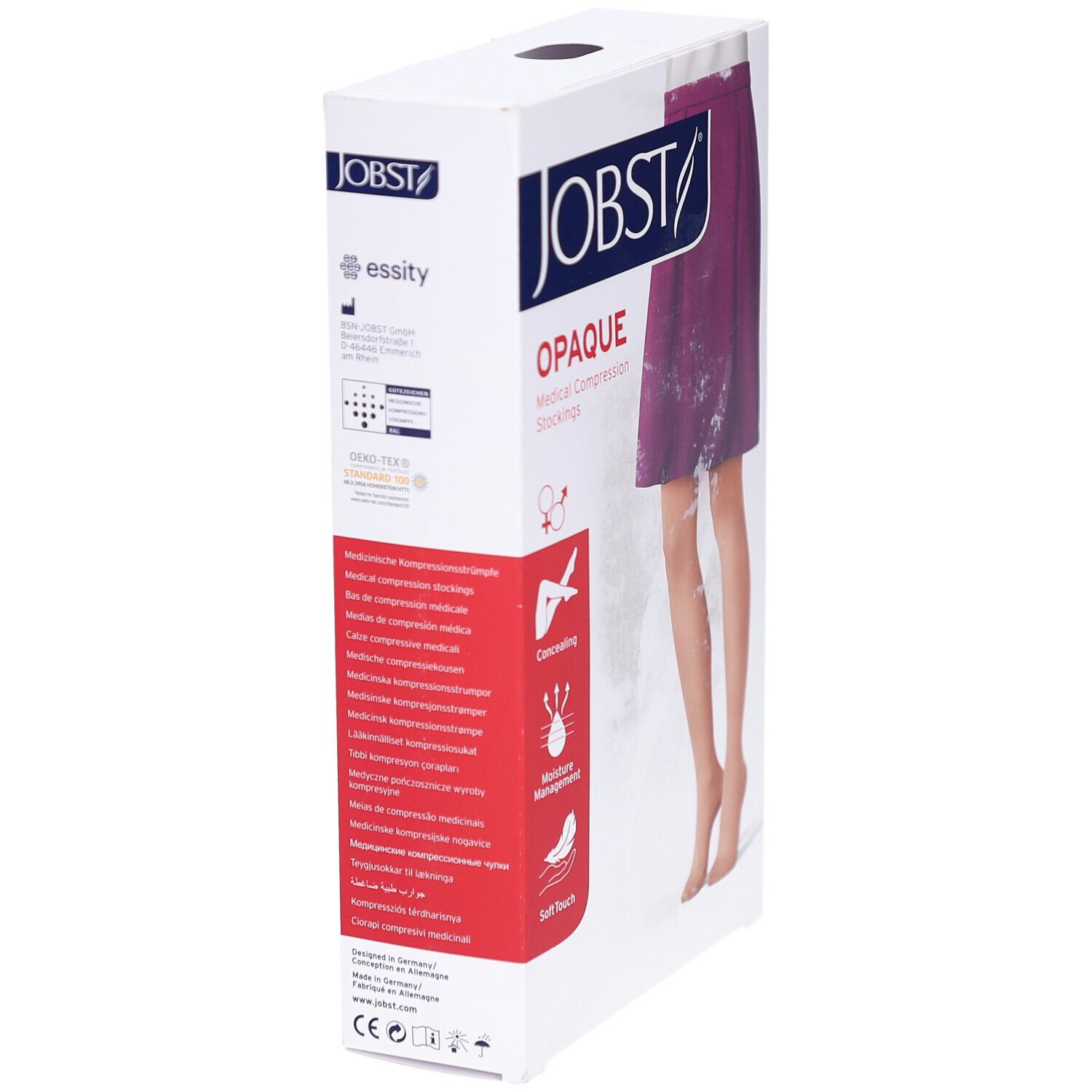 Verpackung von JOBST Opaque Kompressionsstrumpfhose. Seitenansicht. Aufdrucke: Marke, Produktname, Eigenschaften, medizinische Informationen, CE-Zeichen.