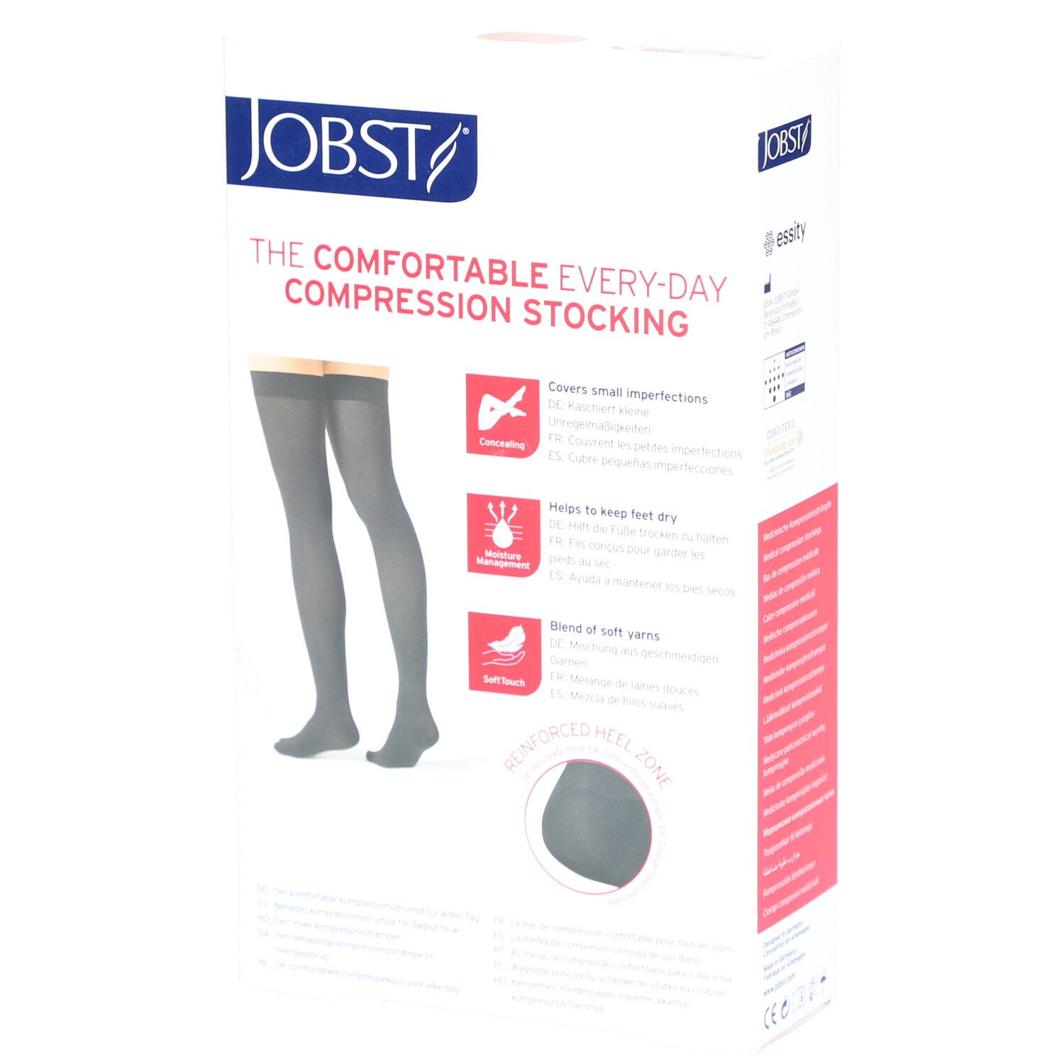 Verpackung JOBST Kompressionsstrümpfe. Graue Strümpfe am Bein. Text: The Comfortable Everyday Compression Stocking. Merkmale.