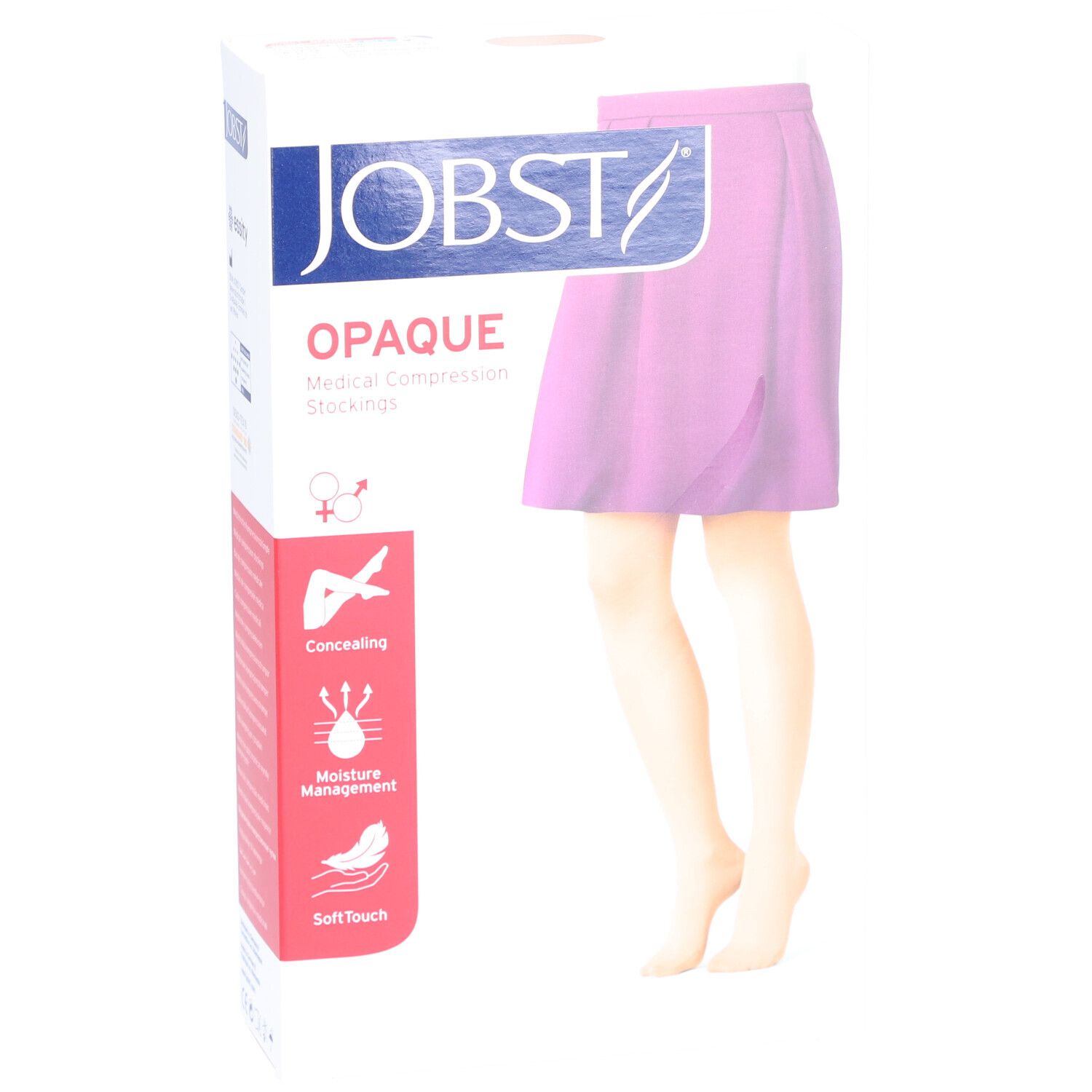 Verpackung JOBST Opaque medizinische Kompressionsstrümpfe. Zeigt Bein mit Strumpf. Text: Opaque, medizinische Kompressionsstrümpfe.