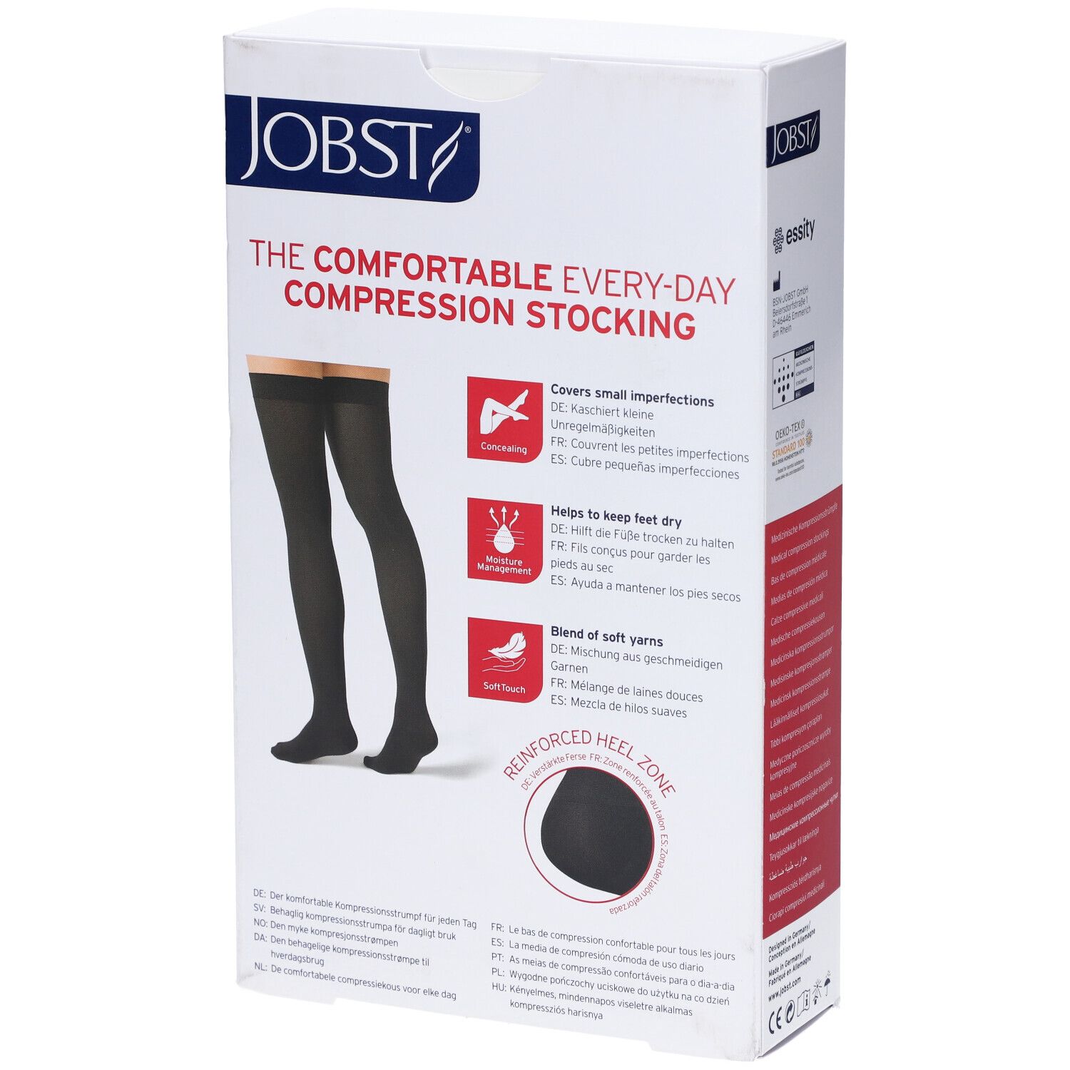 Verpackung mit medizinischen Kompressionsstrümpfen. Schwarze Strümpfe. Marke JOBST. Auf der Verpackung sind Produktmerkmale abgebildet.