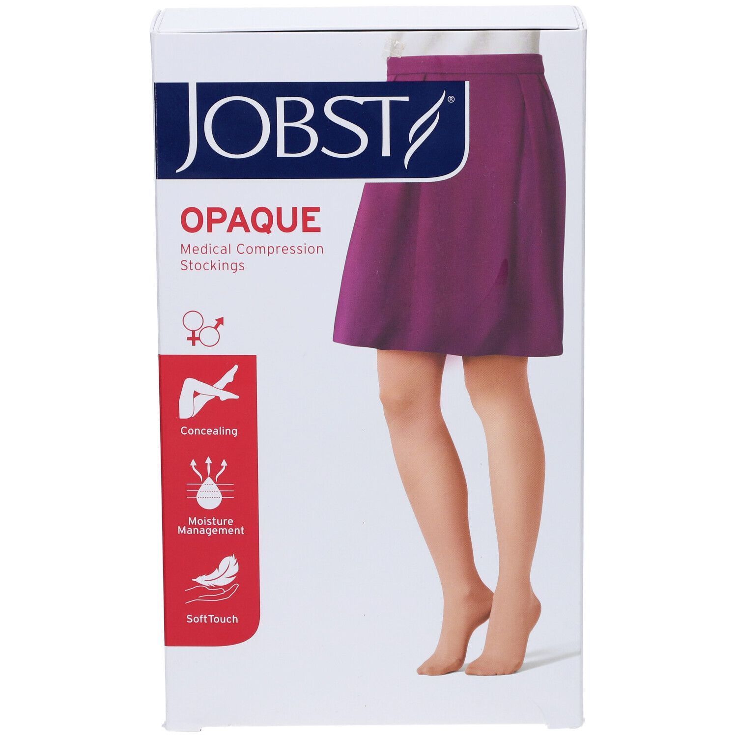 Verpackung mit medizinischen Kompressionsstrümpfen. Opaque, in Naturfarbe. Marke JOBST. Auf der Verpackung sind Produktmerkmale abgebildet.