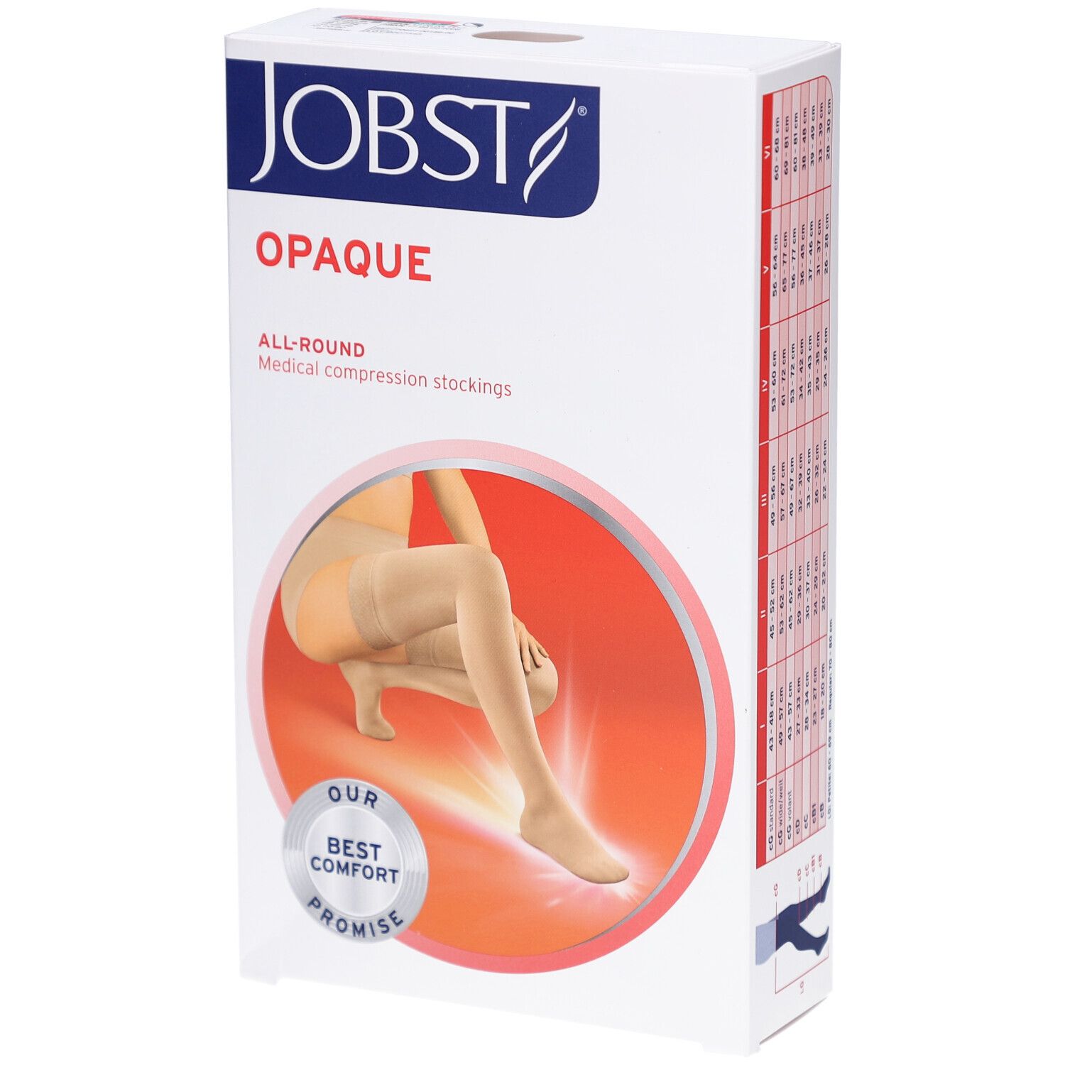 Verpackung JOBST Opaque Kompressions-Schenkelstrümpfe. Aufdruck: Opaque, All-Round, medizinische Kompressionsstrümpfe. Abbildung: Bein mit Strumpf.