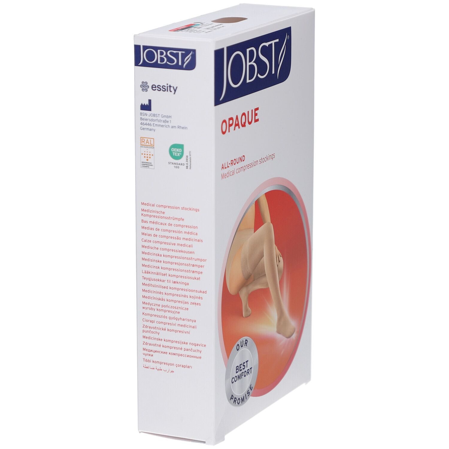 Verpackung JOBST Opaque Kompressions-Schenkelstrümpfe. Aufdruck: Opaque, medizinische Kompressionsstrümpfe. Seitenansicht. Logo Essity.