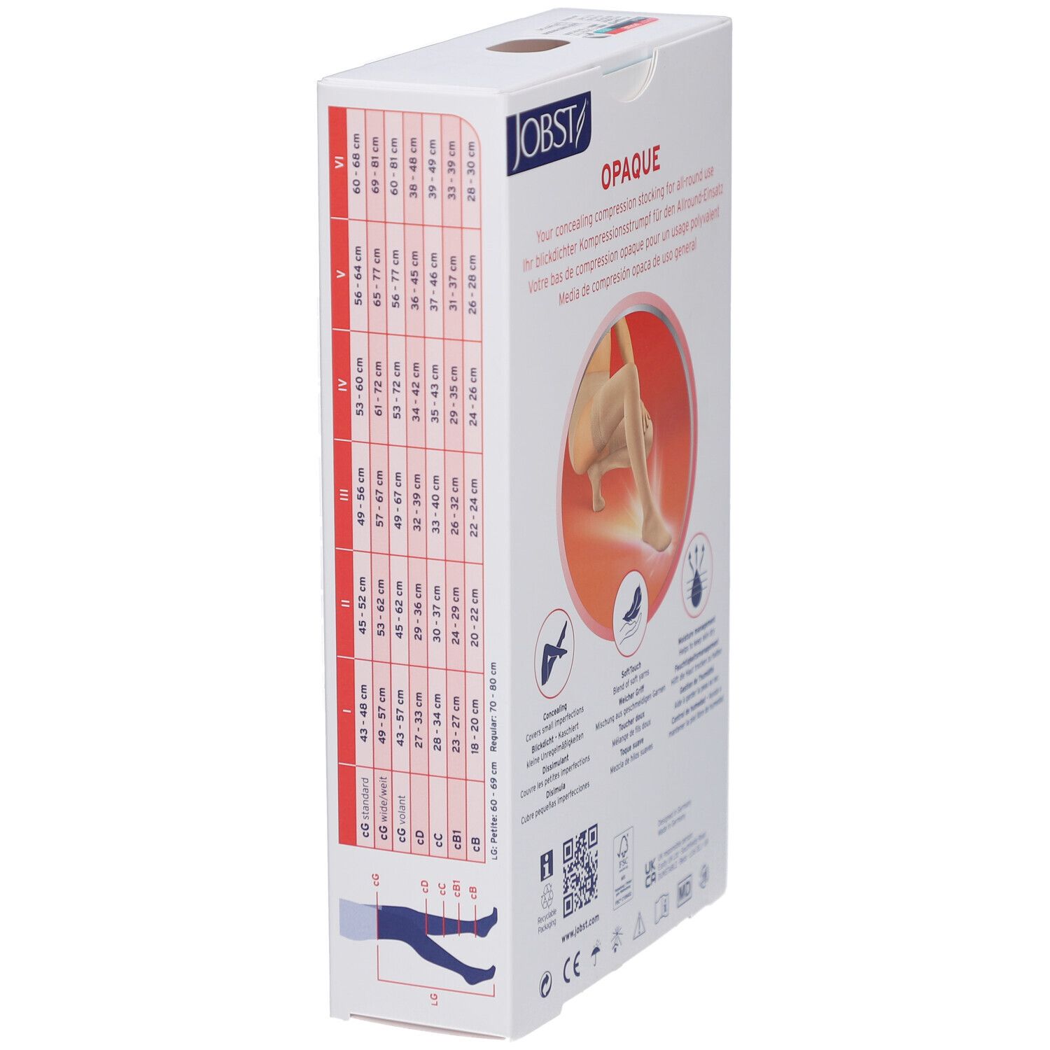 Verpackung JOBST Opaque. Aufdruck: Opaque, medizinische Kompressionsstrümpfe. Größenangaben. Abbildungen: Bein mit Strumpf.