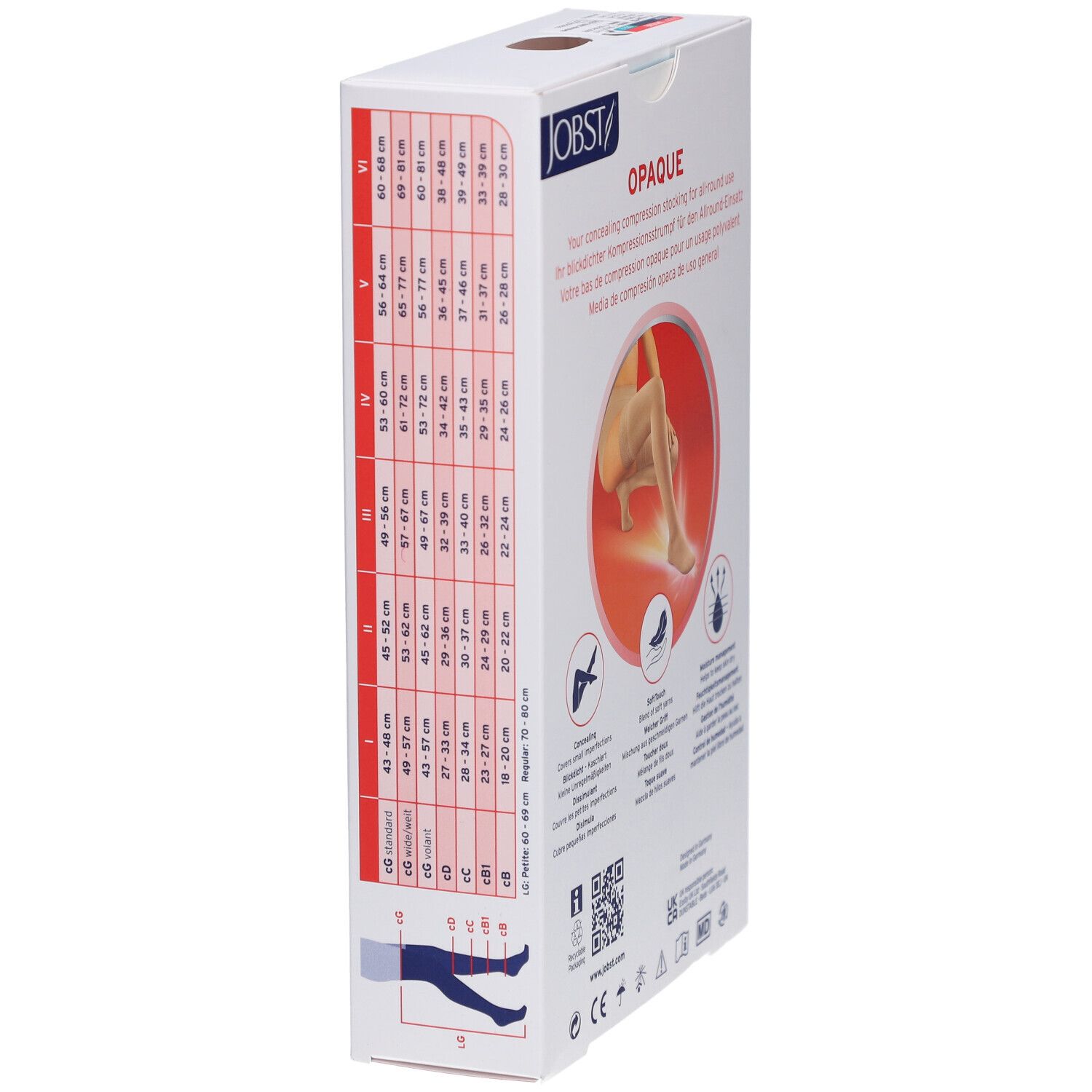 Seite der JOBST Opaque Kompressionsstrümpfe Verpackung. Aufdrucke: OPAQUE, Größentabelle, Logos, CE-Kennzeichnung.