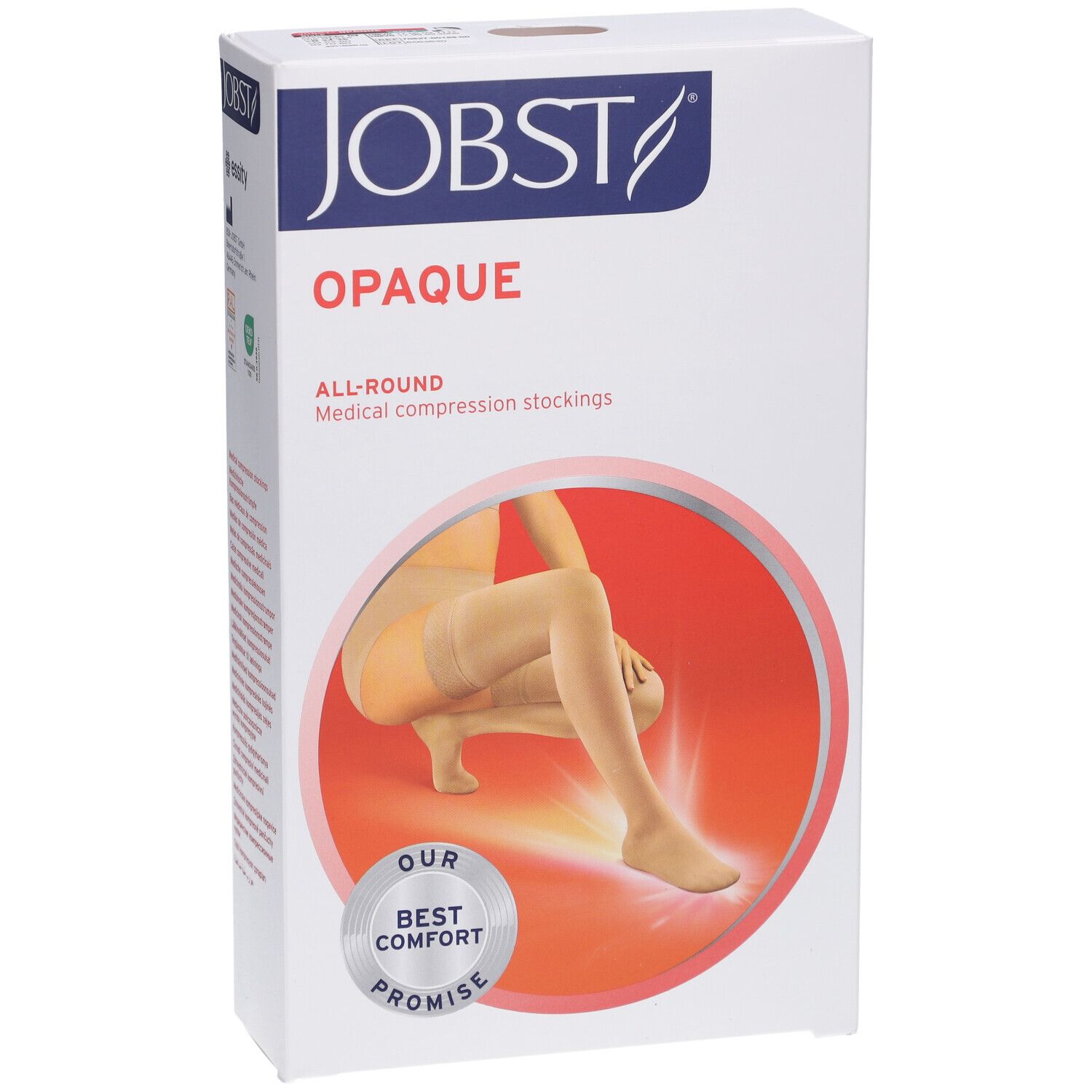 JOBST Opaque Kompressionsstrümpfe, Klasse 2, Regular L. Verpackung mit Produktabbildung. Aufdrucke: JOBST, OPAQUE, ALL-ROUND.