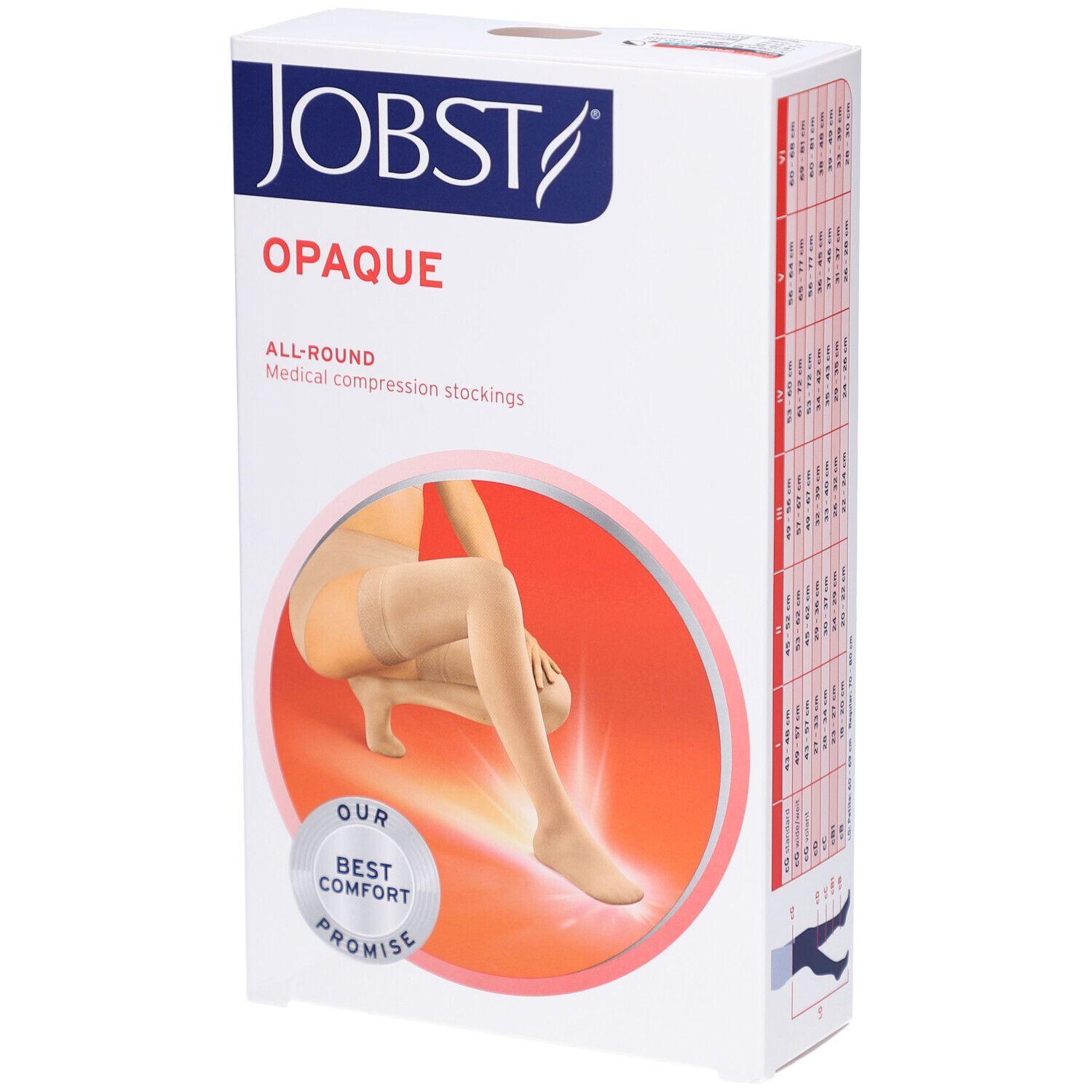 Verpackung von JOBST Opaque Kompressions-Schenkelstrümpfen. Beige Strümpfe auf der Verpackung abgebildet. Aufschrift: Opaque, All-Round, Medical compression stockings.
