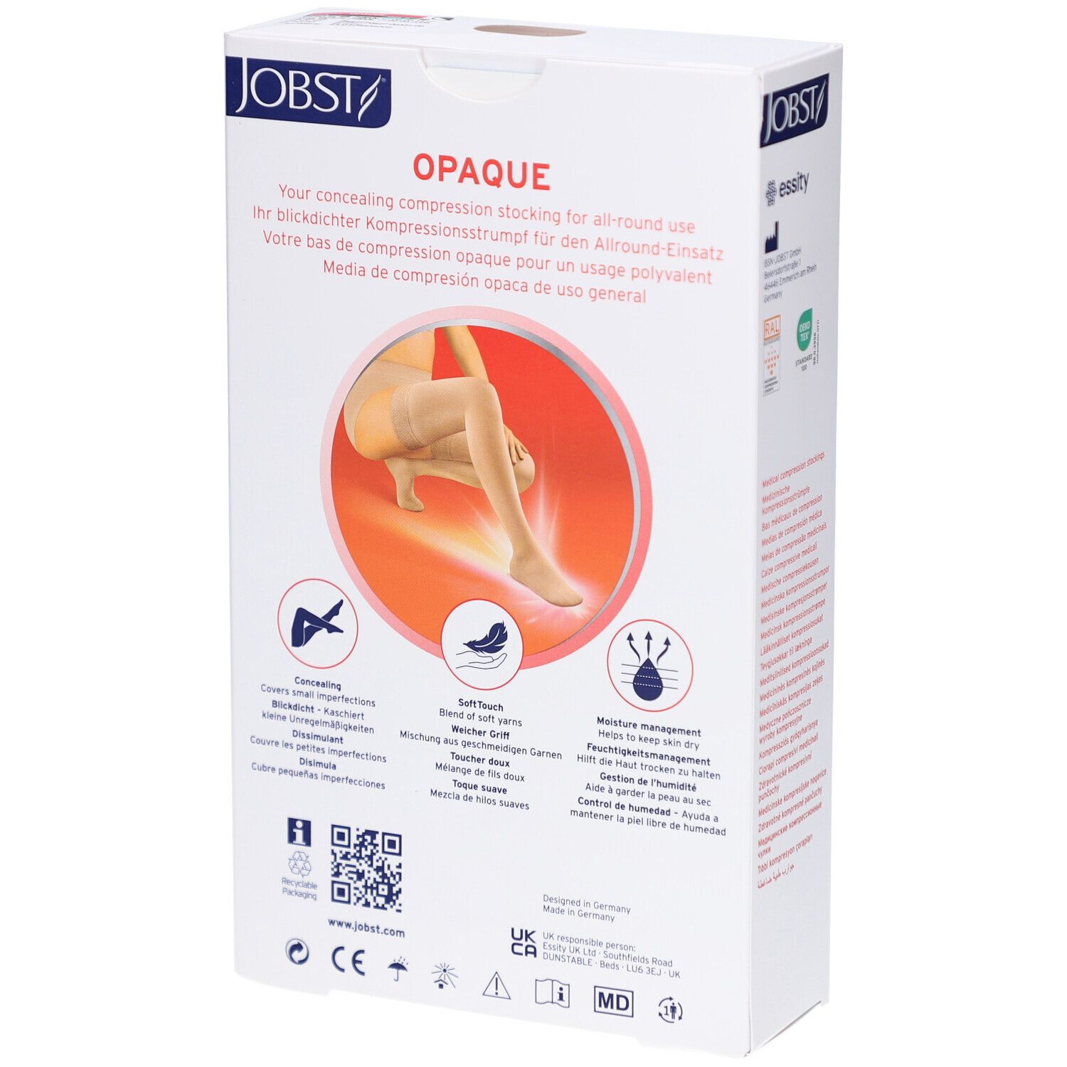 Rückseite der Verpackung von JOBST Opaque Kompressions-Schenkelstrümpfen. Produktabbildung. Icons für Eigenschaften. Text in mehreren Sprachen.