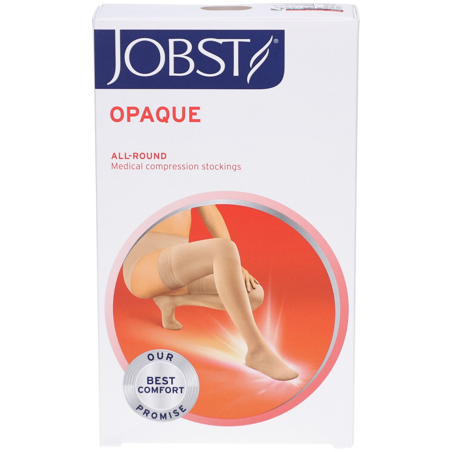 Verpackung von JOBST Opaque Kompressions-Schenkelstrümpfen. Beige Strümpfe auf der Verpackung abgebildet. Aufschrift: Opaque, All-Round, Medical compression stockings.