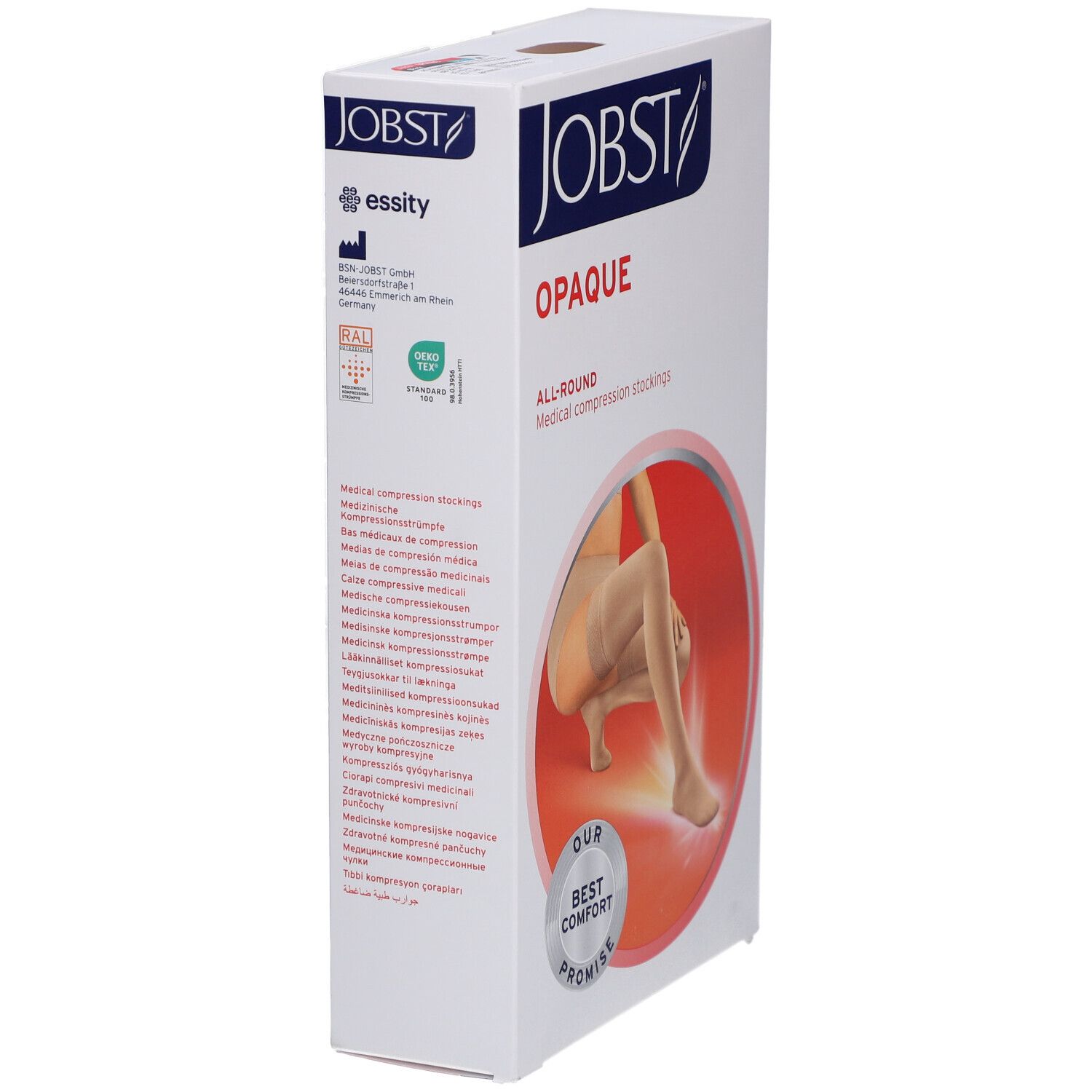 Verpackung JOBST Opaque Kompressionsstrümpfe. Weißer Karton mit Logo und Text. Aufdruck: Opaque, All-Round. Mit Zertifizierungen.