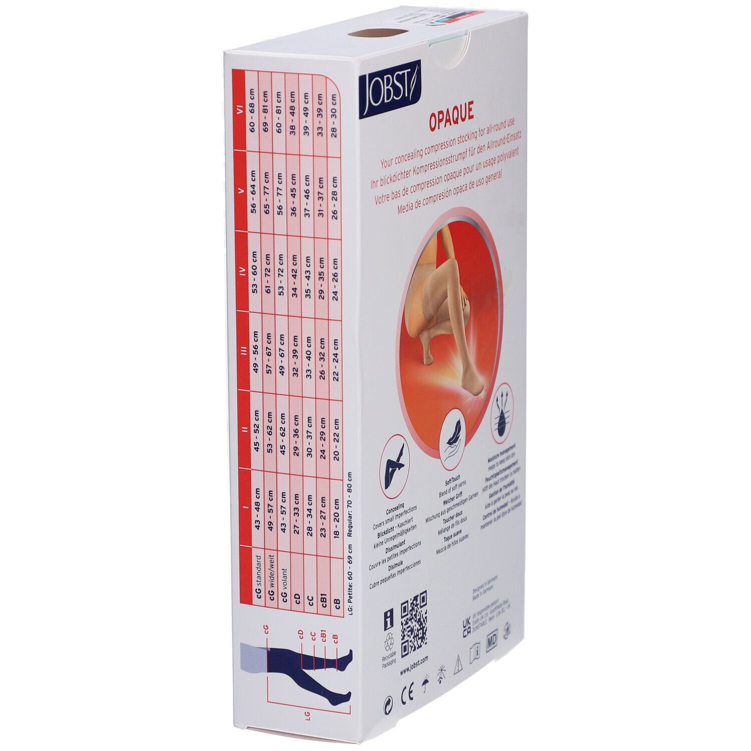 Seite der Verpackung JOBST Opaque Kompressionsstrümpfe. Größentabelle. Aufdruck: Opaque, All-Round. Mit Produktabbildung.