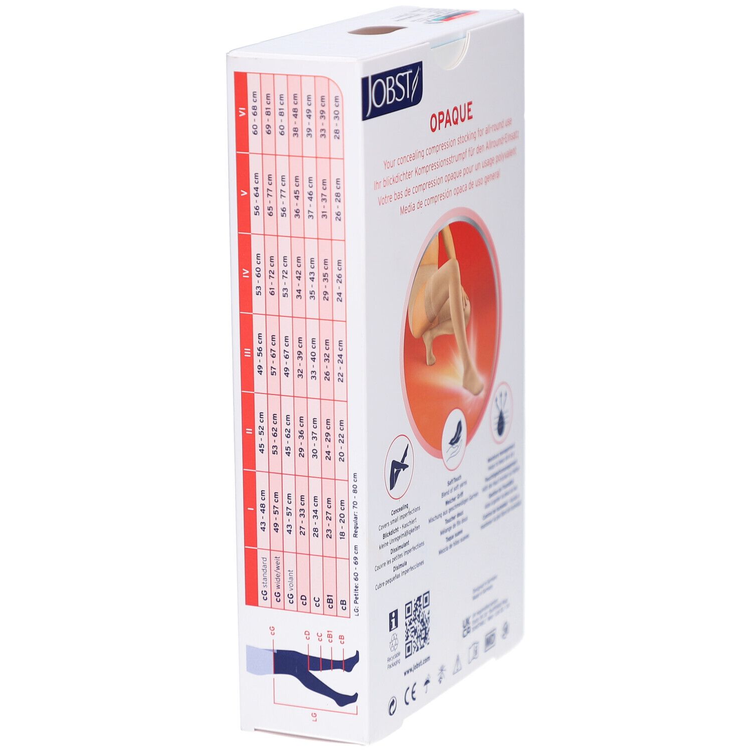 JOBST Opaque Kompressions-Schenkelstrümpfe. Verpackung, Seitenansicht mit Größentabelle und Produktabbildung.