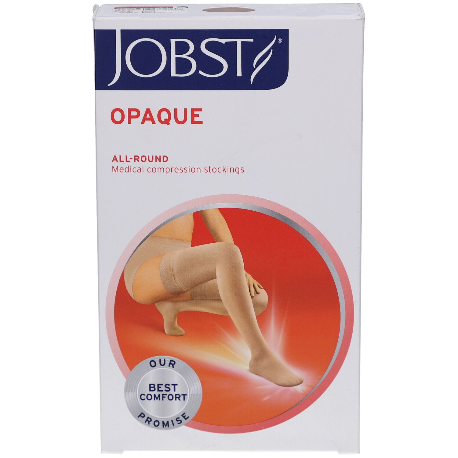JOBST Opaque Kompressions-Schenkelstrümpfe. Verpackung, Vorderansicht. Produktabbildung, Logo, Text.