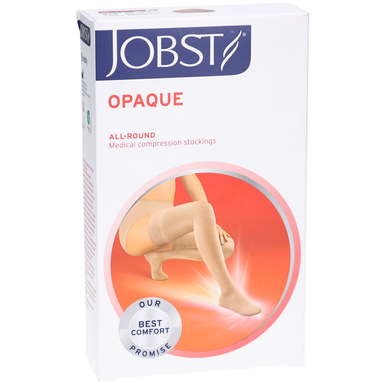 JOBST Opaque Kompressions-Schenkelstrümpfe. Verpackung, Vorderansicht. Produktabbildung, Logo, Text.