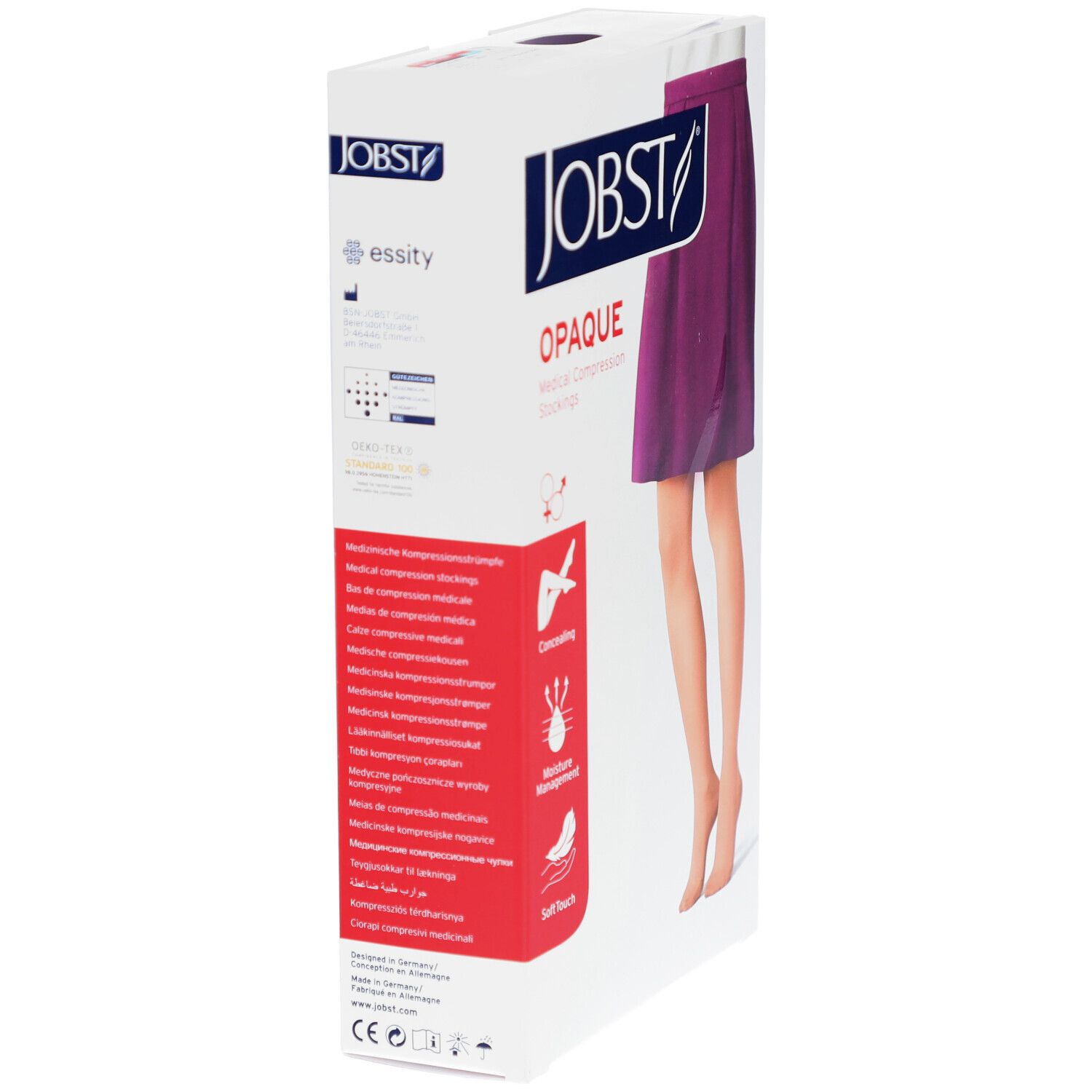 Verpackung von JOBST Opaque Kompressionsstrümpfen. Zeigt Produktinformationen und Zertifizierungen.
