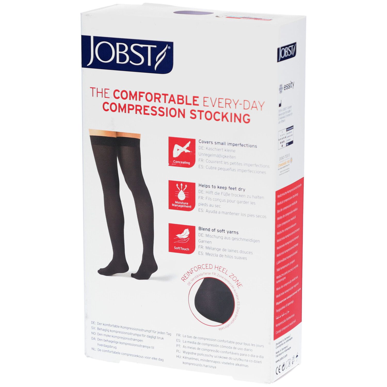 Rückseite der Verpackung von JOBST Kompressionsstrümpfen. Zeigt Produktmerkmale und ein Bein mit Strumpf.