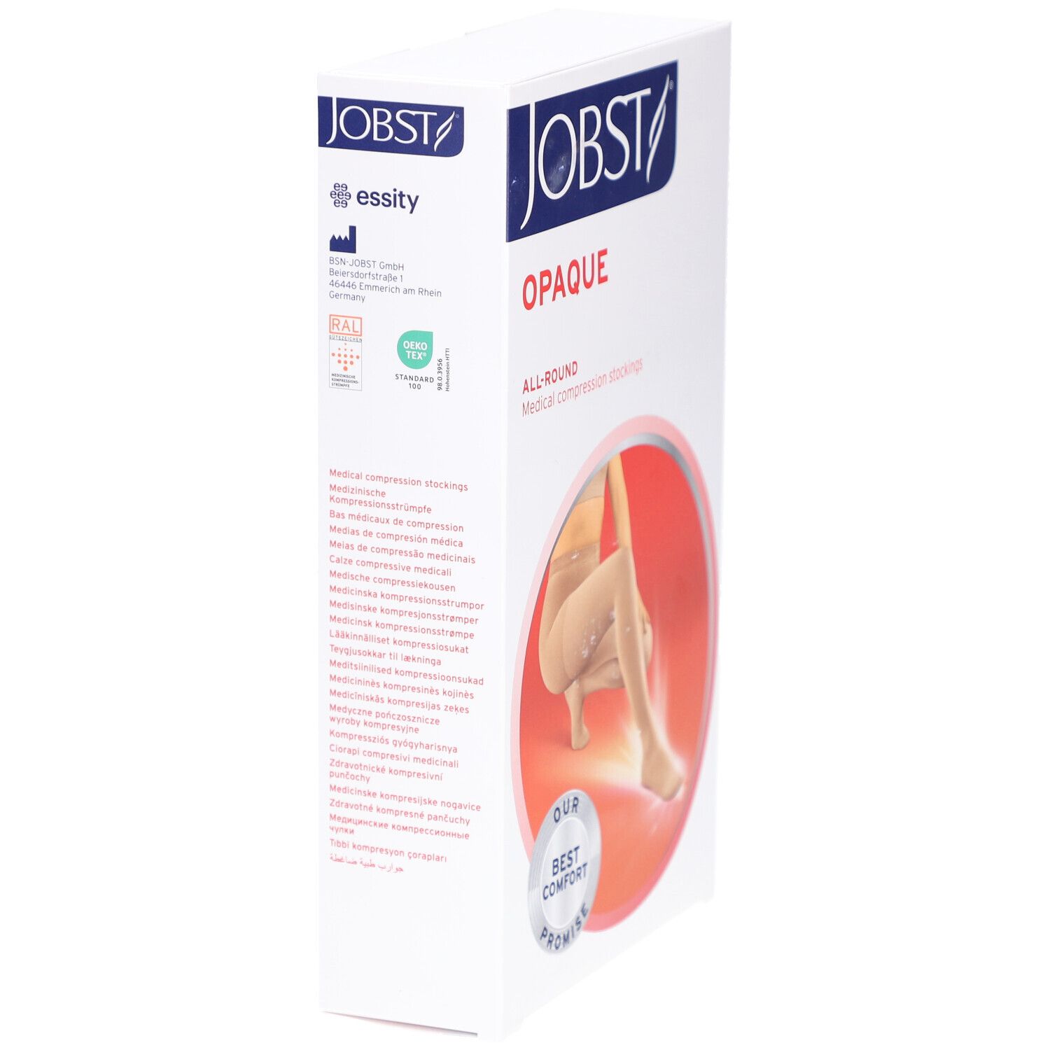 Verpackung JOBST Opaque Kompressionsstrümpfe. Text: Opaque, All-Round, Medical compression stockings. Logo Essity. Zertifizierungen.