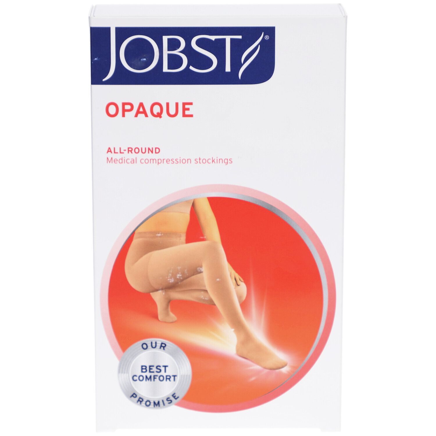 Verpackung JOBST Opaque Kompressionsstrümpfe. Beige Strümpfe werden im roten Kreis gezeigt. Text: Opaque, All-Round, Medical compression stockings.