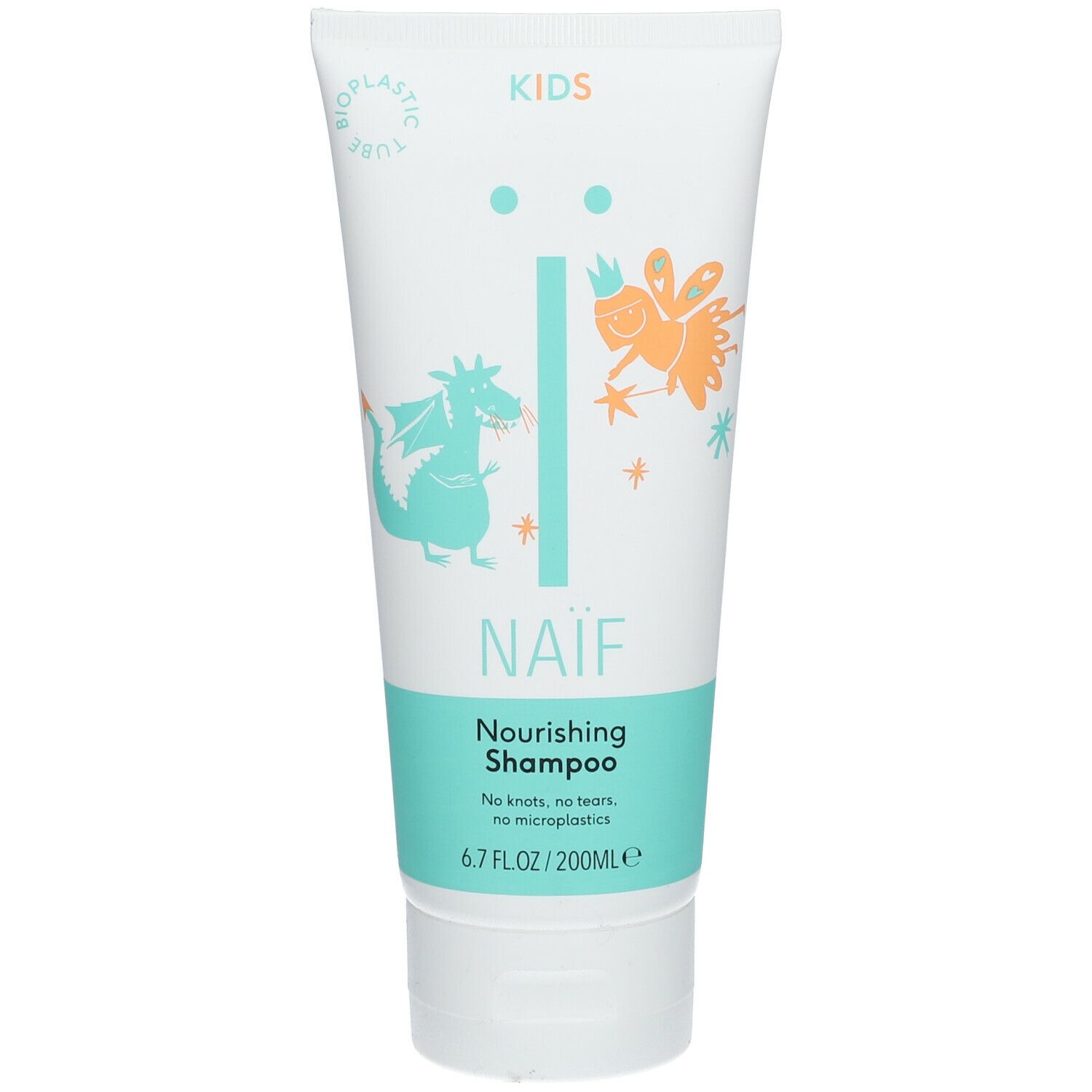 Weiße Tube mit Naïf Kids Nährendes Shampoo. Türkisgrüner Schriftzug, Illustrationen. 6.7 FL.OZ/200ml. Biokunststoff-Logo.