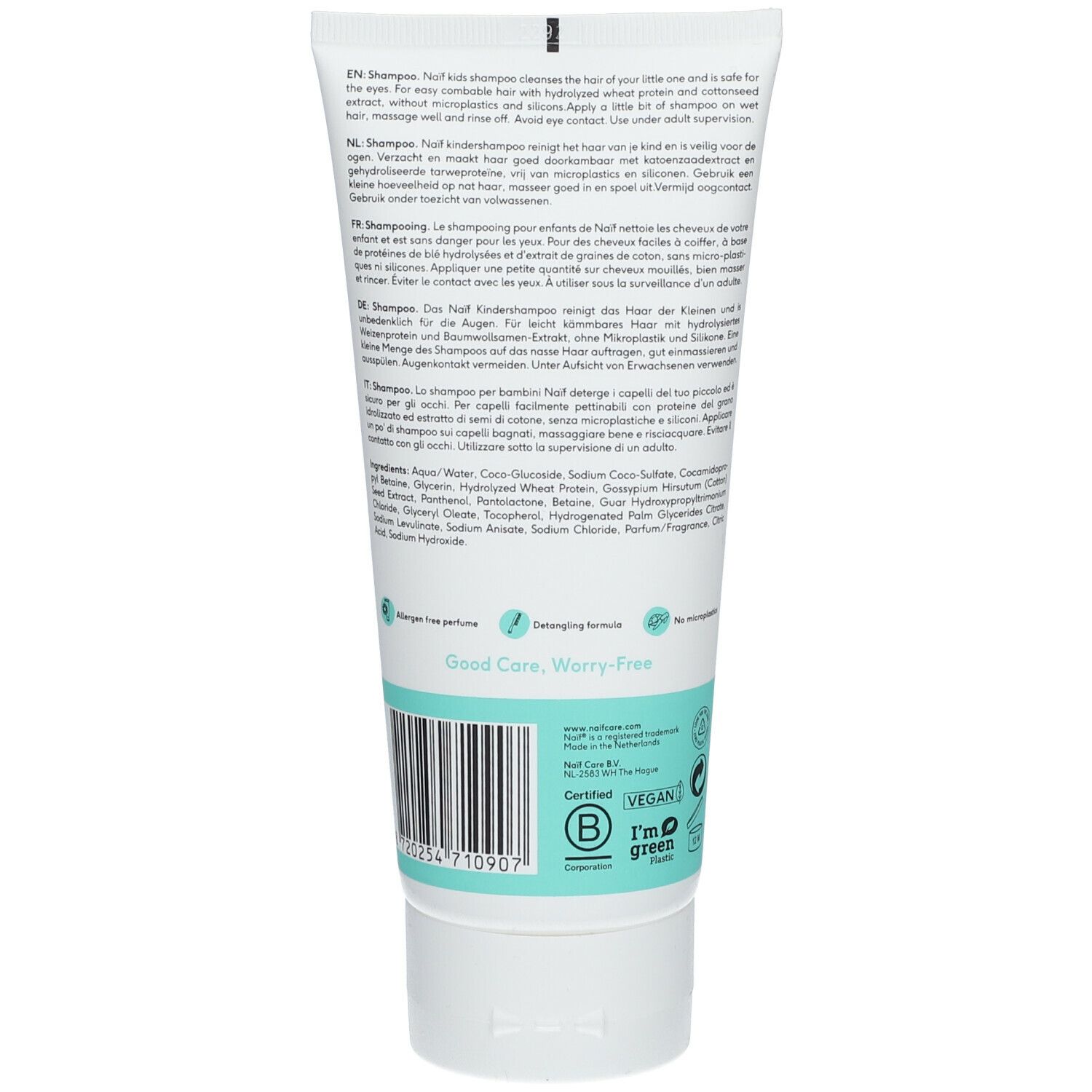Rückseite der weißen Naïf Kids Shampoo Tube. Text in mehreren Sprachen, Inhaltsstoffe, Vegan-Logo, I'm green-Zertifizierung.