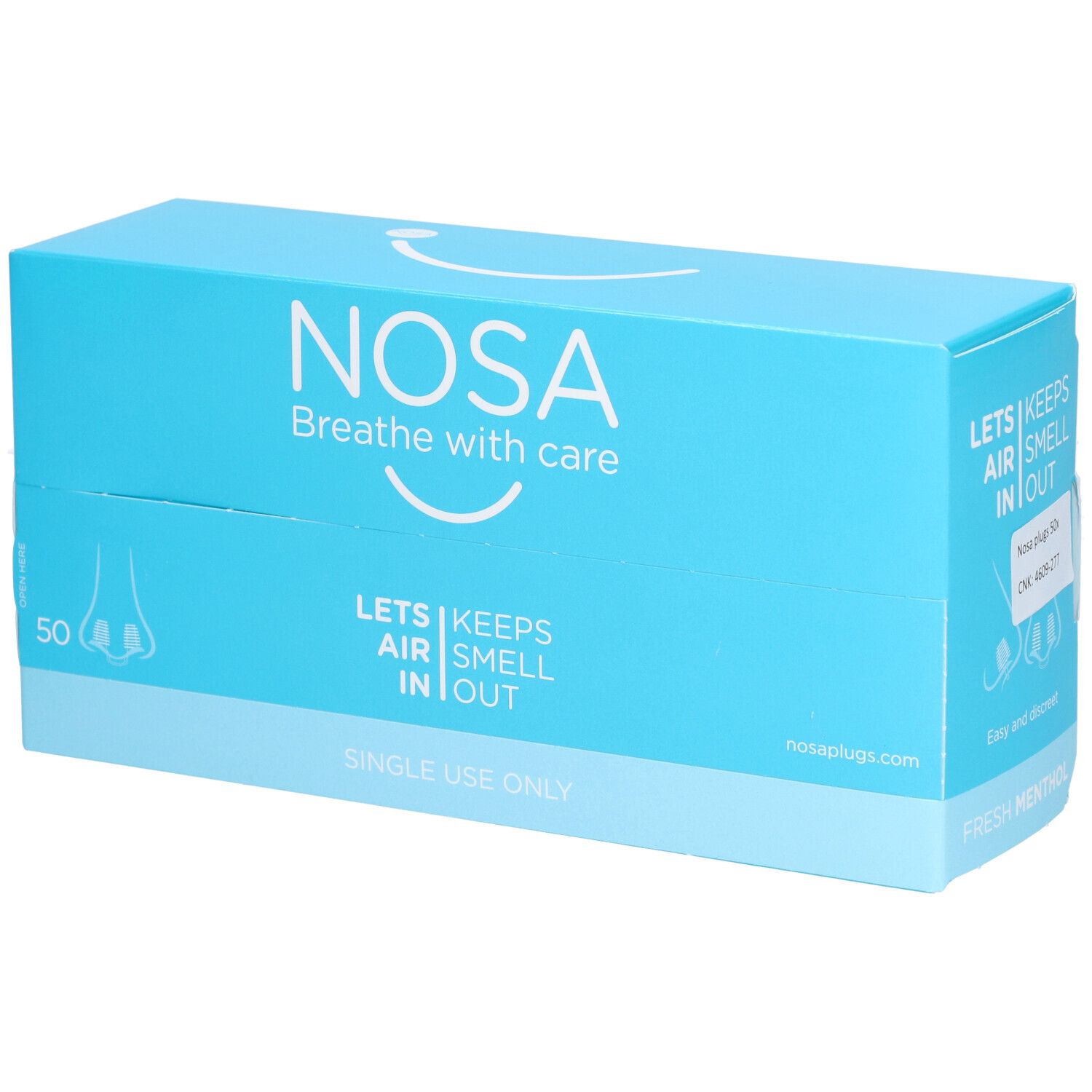 Hellblaue Schachtel mit "NOSA"-Logo. Enthält 50 Nasen-Stöpsel. Text: "Breathe with care", "Lets air smell in out", "Single use only".