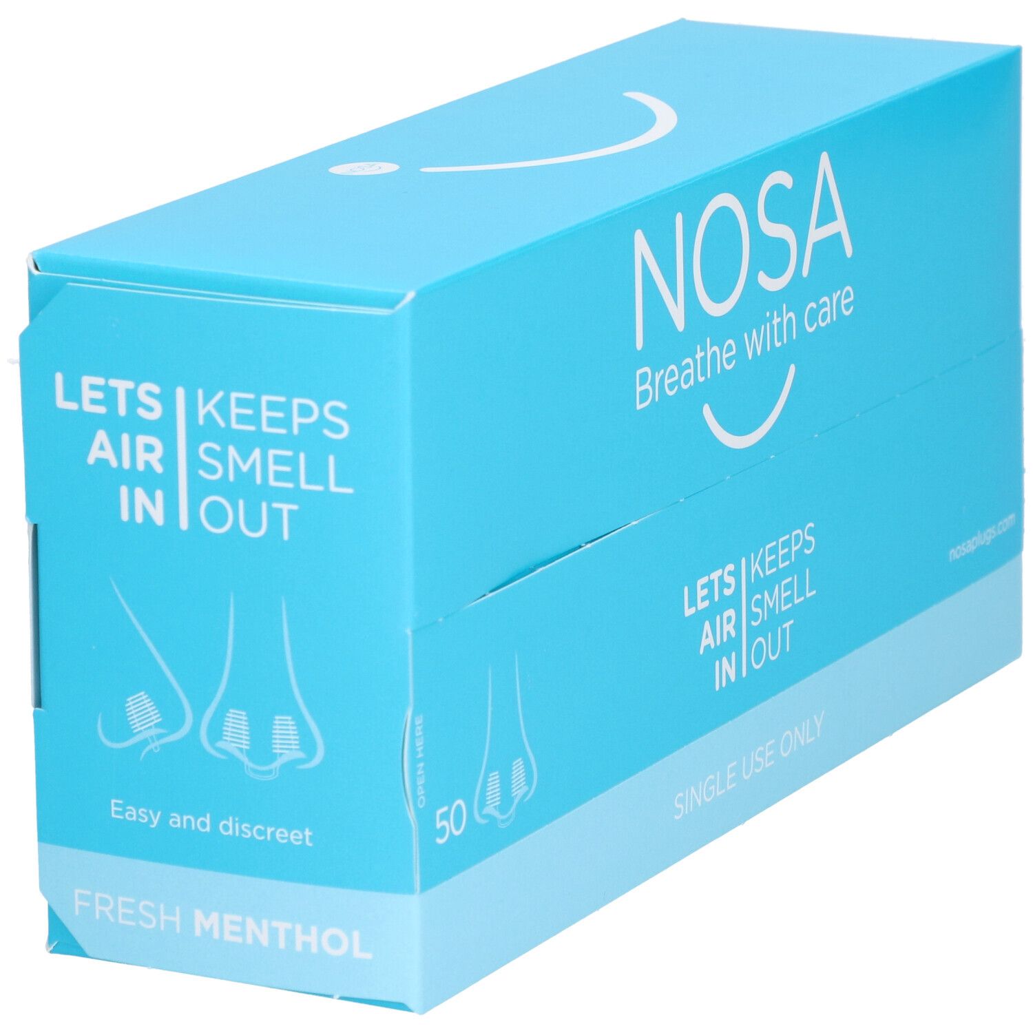 Hellblaue Schachtel mit "NOSA"-Logo. Enthält 50 Nasen-Stöpsel. Text: "Breathe with care", "Lets air smell in out", "Single use only".