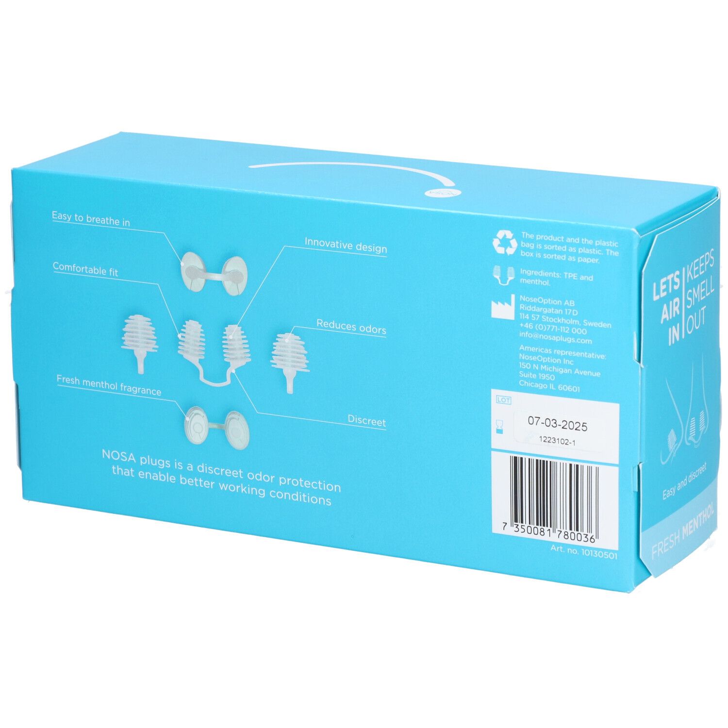 Rückseite einer hellblauen Schachtel mit "NOSA"-Logo. Zeigt Produktmerkmale und Barcode. Text: "Lets air smell in out", "Fresh menthol fragrance".