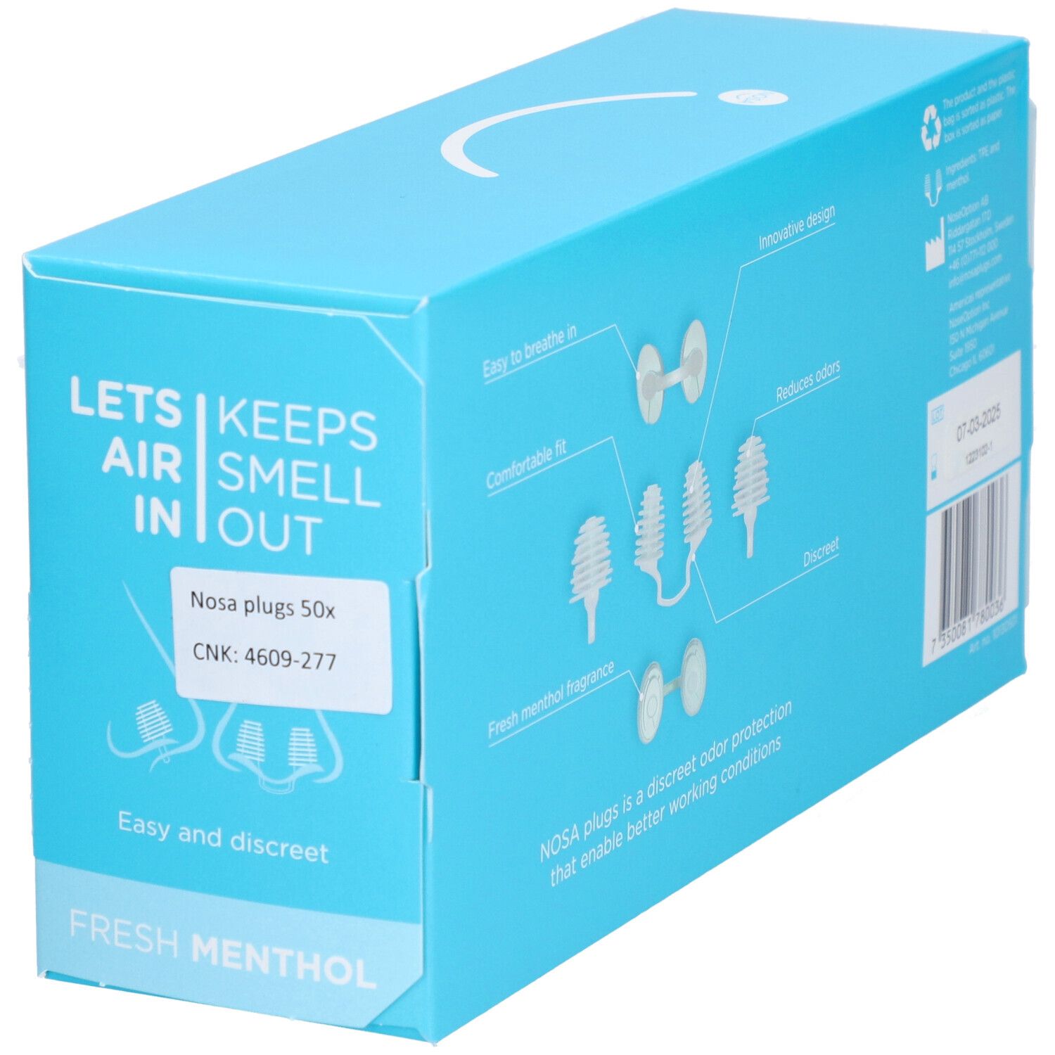 Hellblaue Schachtel mit "NOSA"-Logo. Zeigt Produktmerkmale und Barcode. Text: "Lets air smell in out", "Fresh menthol fragrance", "Nosa plugs 50x".