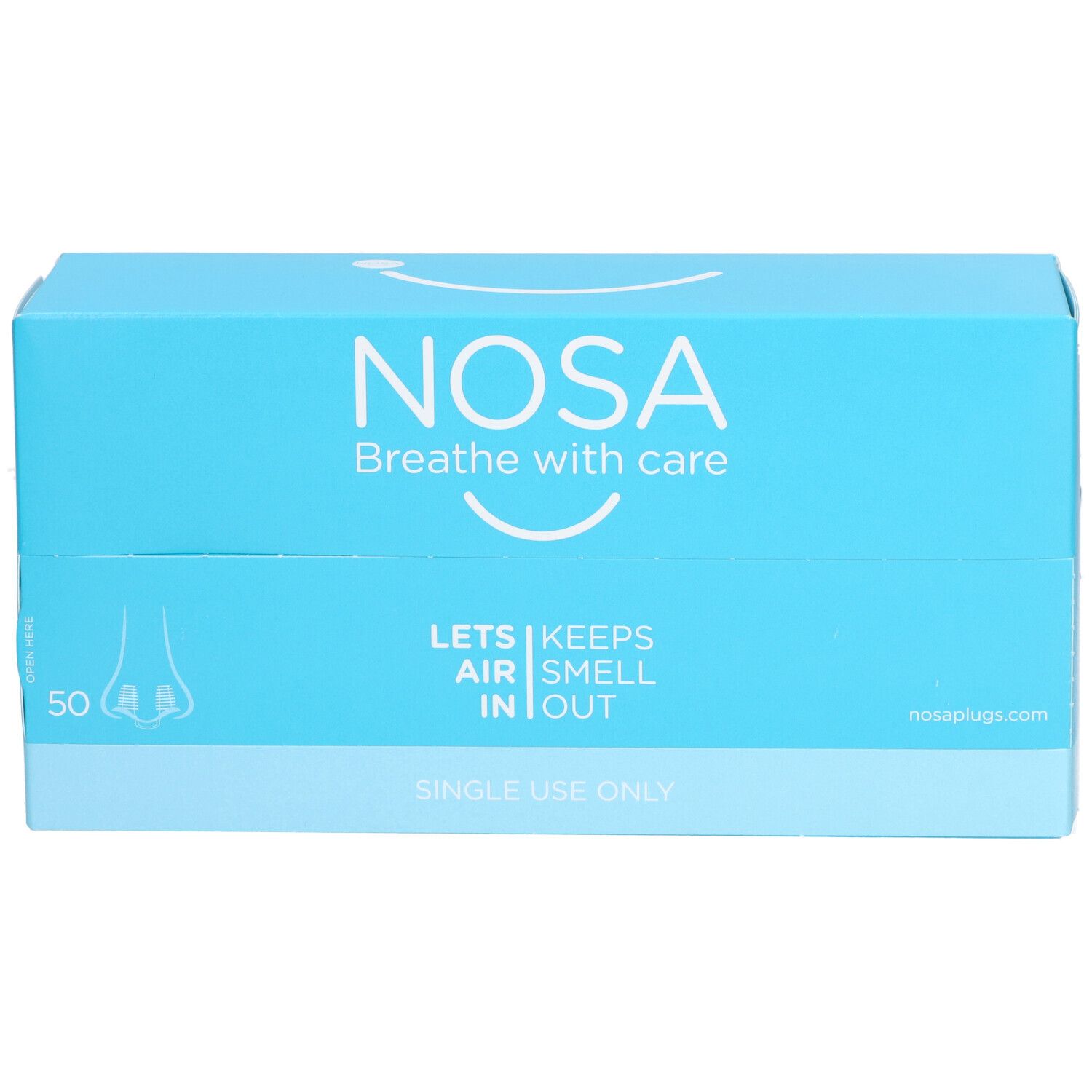 Hellblaue Schachtel mit "NOSA"-Logo. Enthält 50 Nasen-Stöpsel. Text: "Breathe with care", "Lets air smell in out", "Single use only".