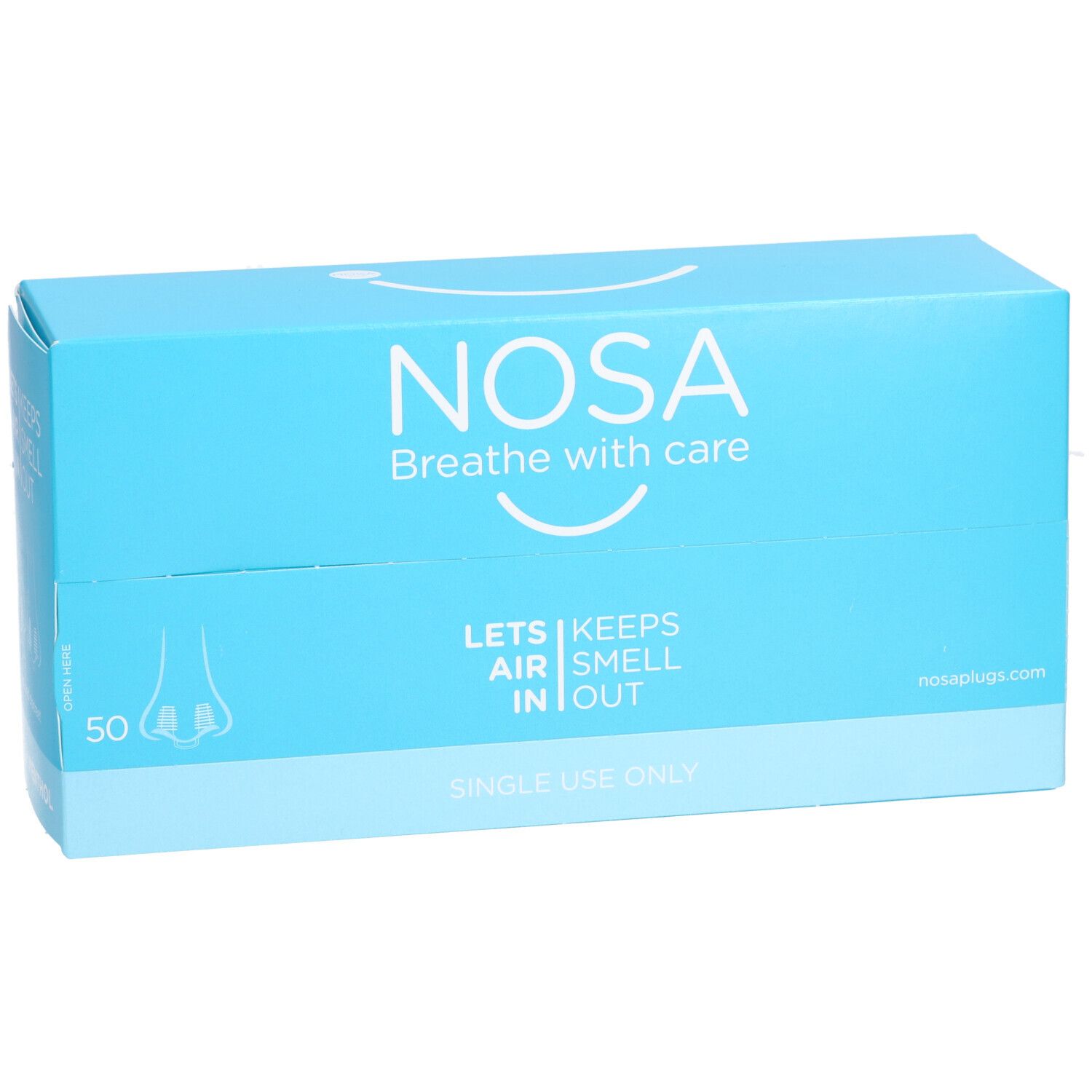 Hellblaue Schachtel mit "NOSA"-Logo. Enthält 50 Nasen-Stöpsel. Text: "Breathe with care", "Lets air smell in out", "Single use only".